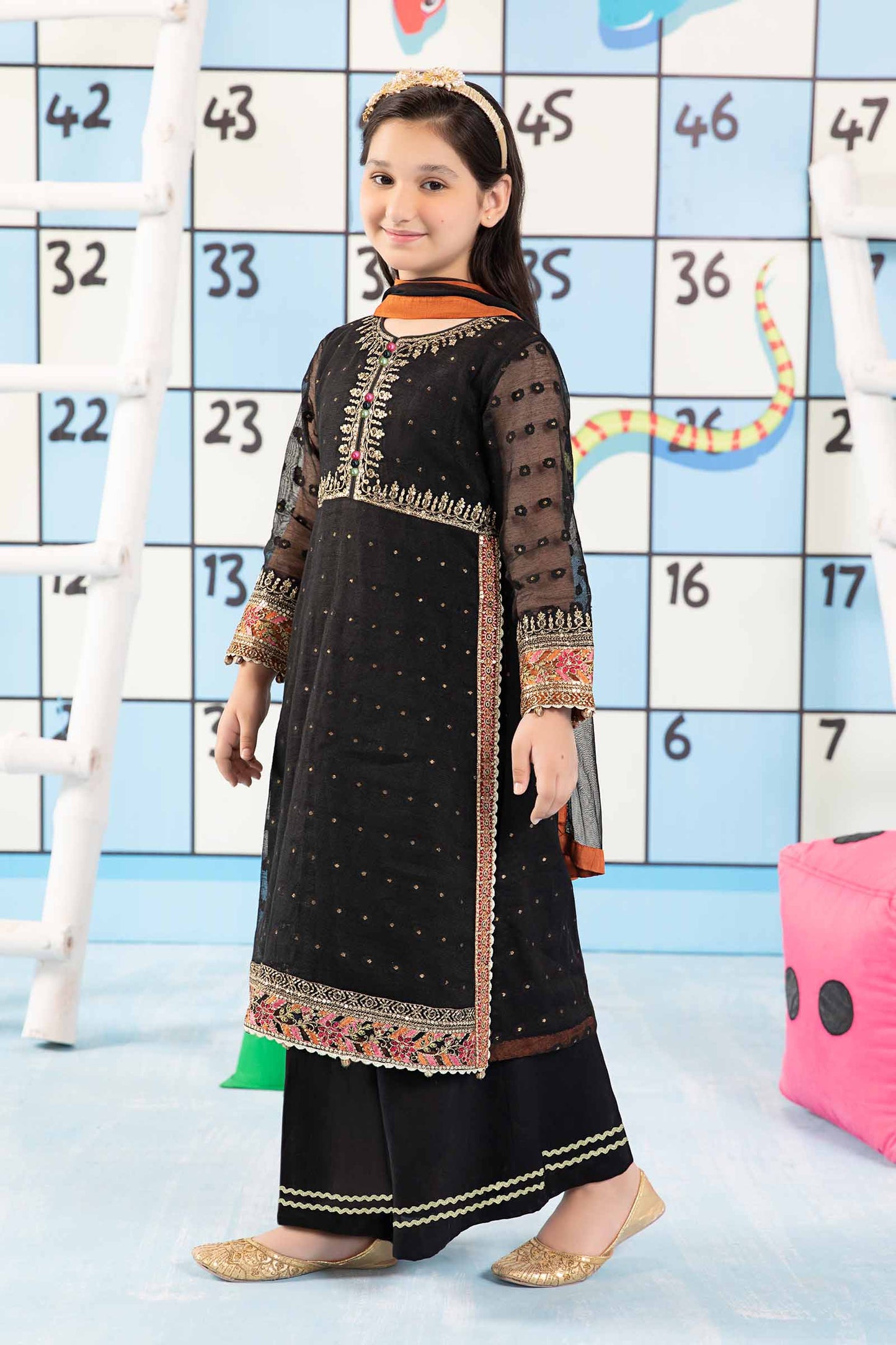 3 Piece Embroidered Cotton Zari Net Suit
