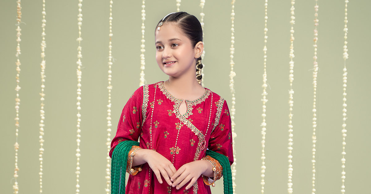 3 Piece Embroidered Raw Silk Suit