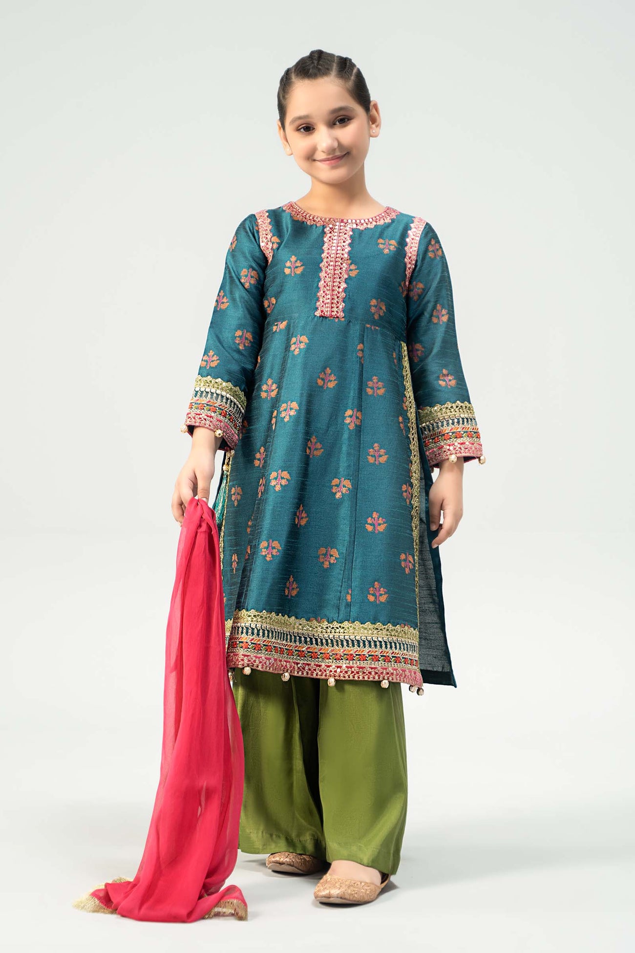 3 Piece Embroidered Raw Silk Suit