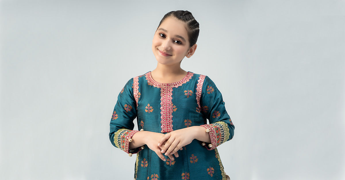 3 Piece Embroidered Raw Silk Suit | MKS-W24-33
