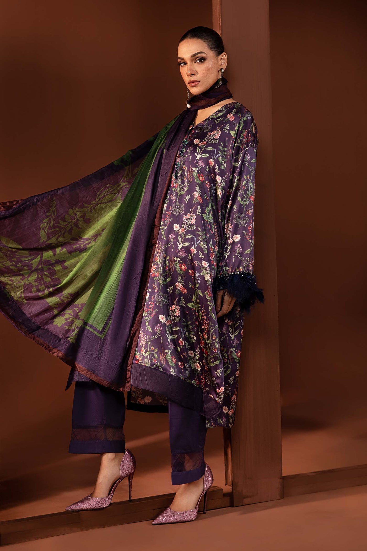 3 Piece Printed Pure Charmeuse Silk Suit