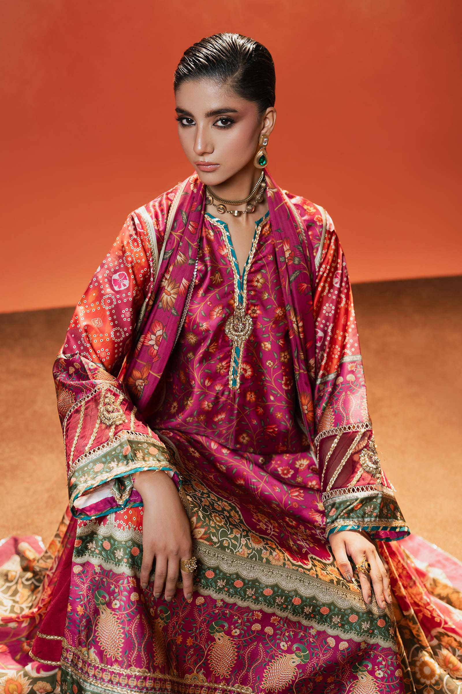 3 Piece Embroidered Satin Silk Suit