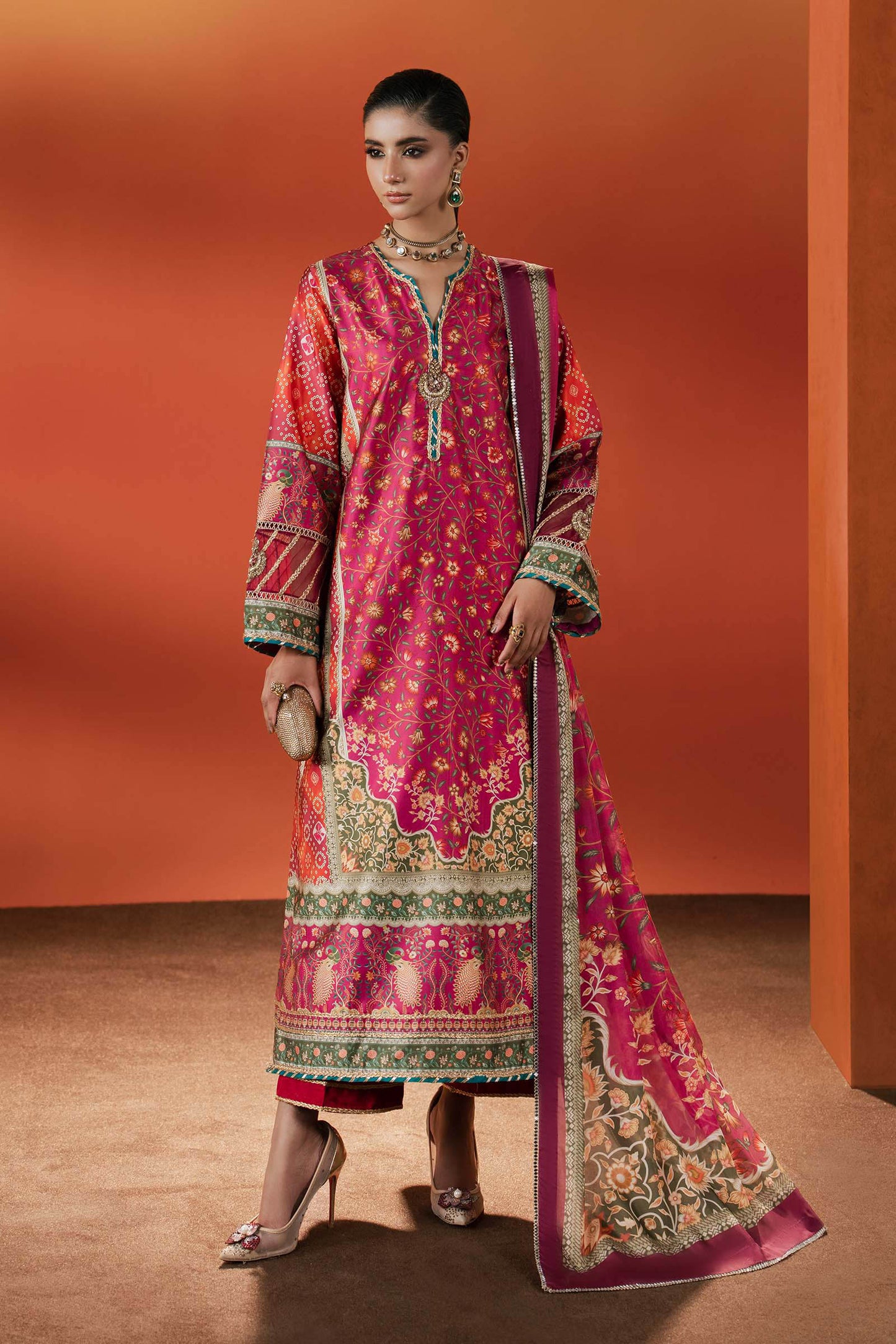 3 Piece Embroidered Satin Silk Suit