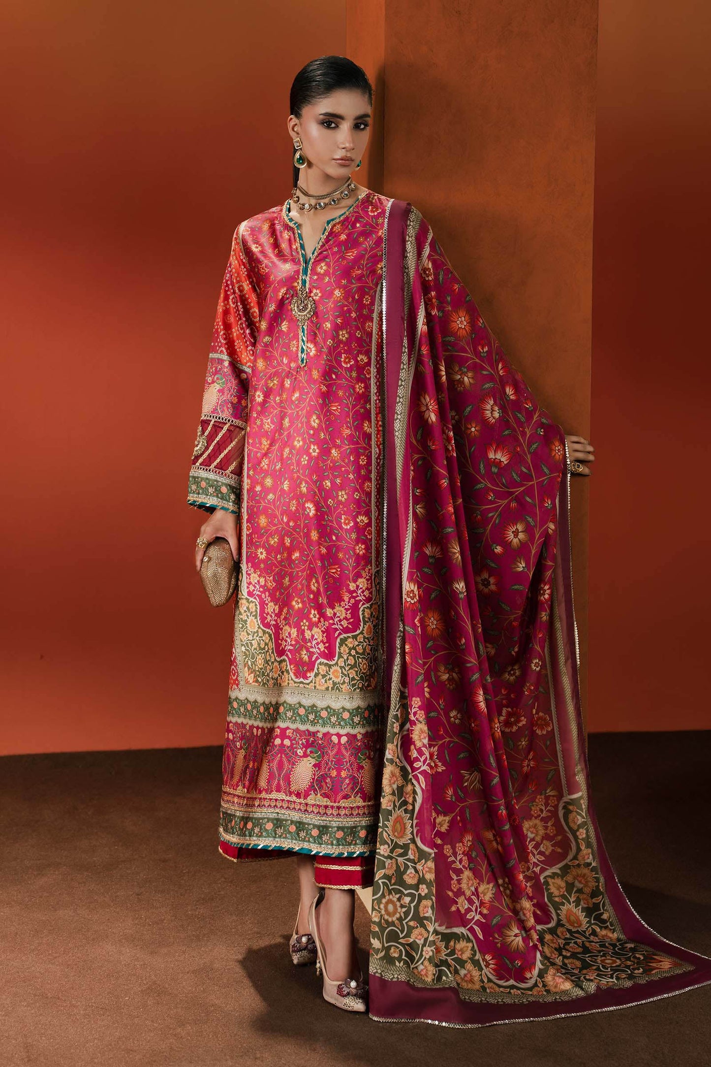 3 Piece Embroidered Satin Silk Suit