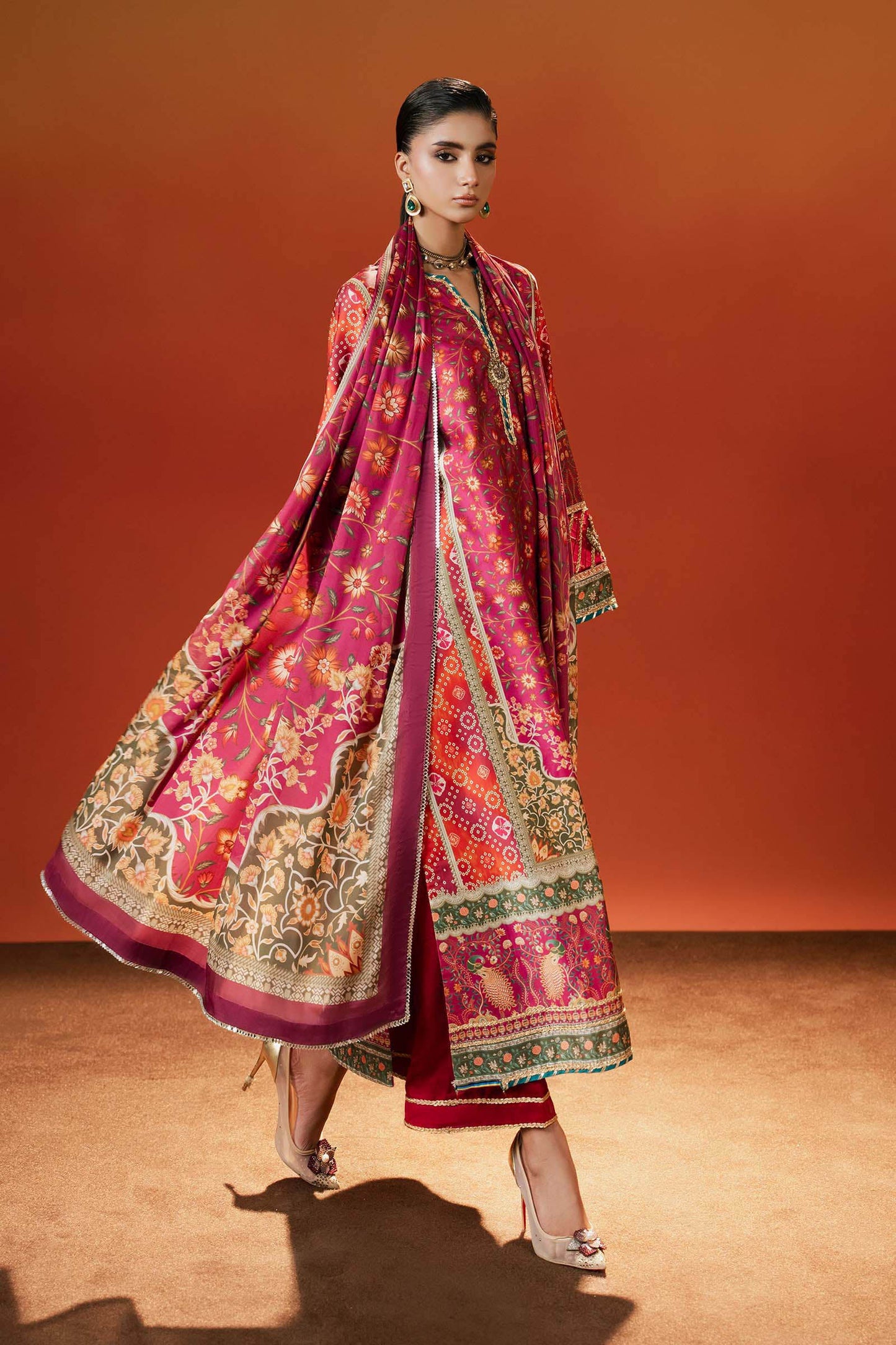 3 Piece Embroidered Satin Silk Suit