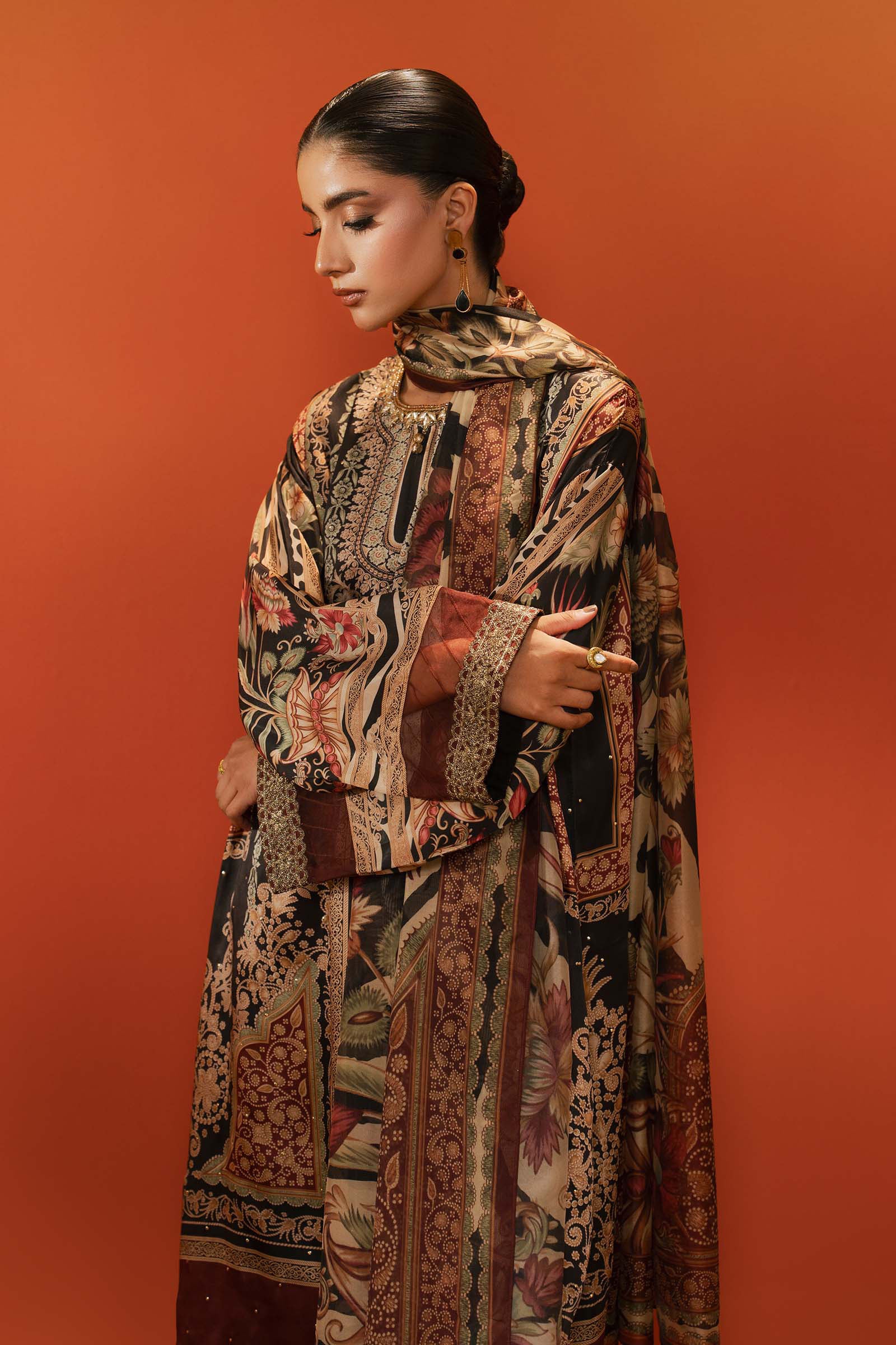 3 Piece Embroidered Satin Silk Suit