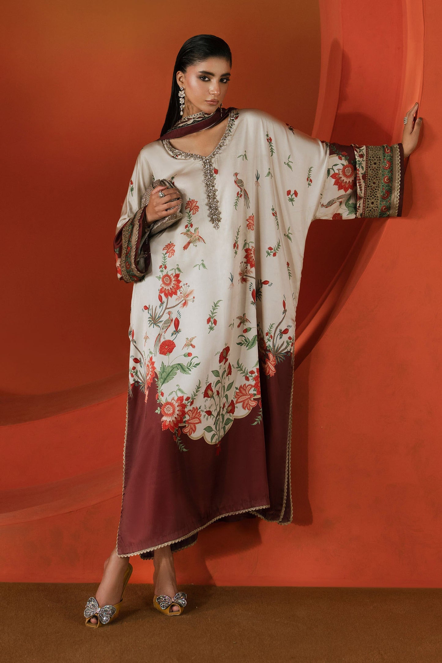 3 Piece Embellished Satin Silk Suit