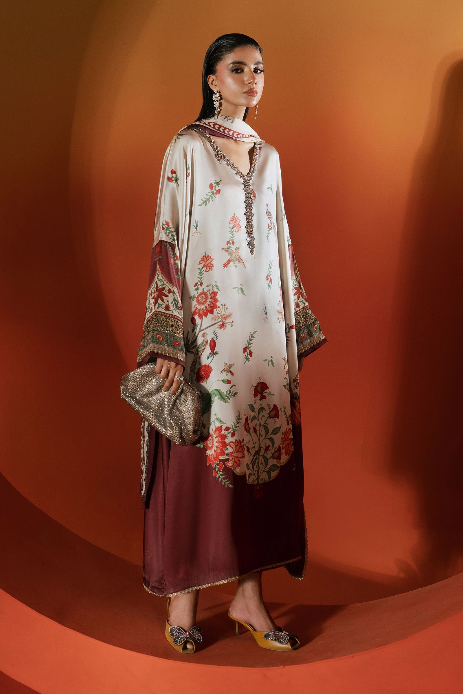 3 Piece Embellished Satin Silk Suit