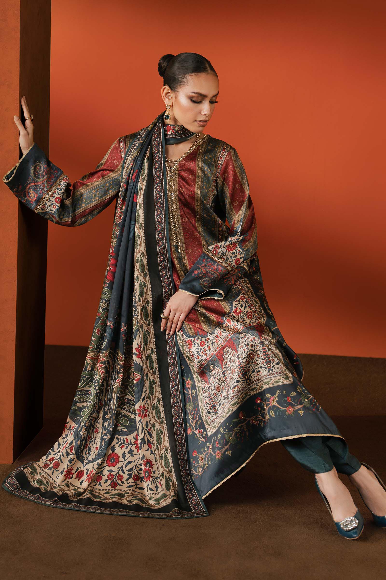 3 Piece Embroidered Satin Silk Suit