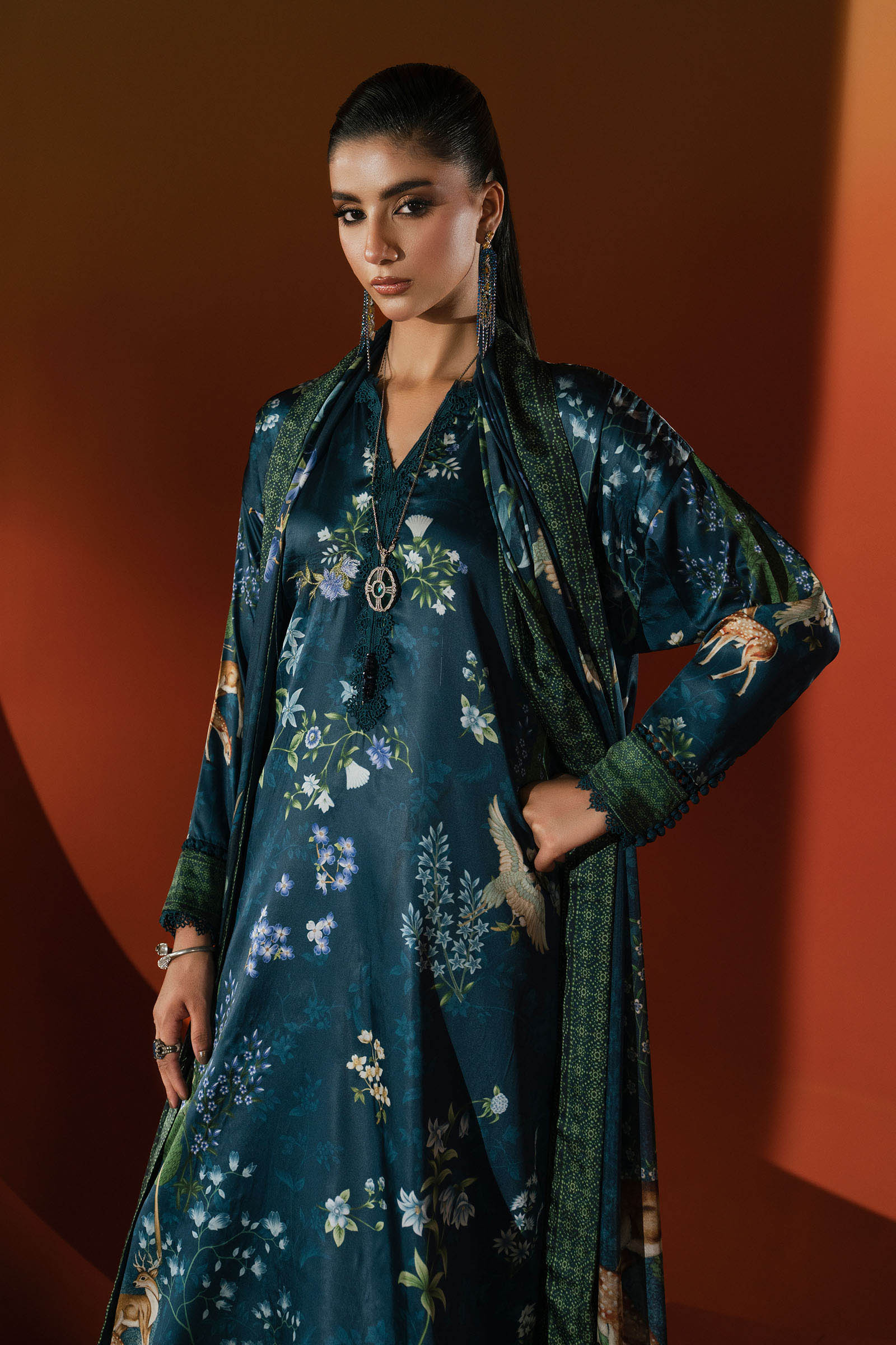 3 Piece Printed Satin Silk Suit