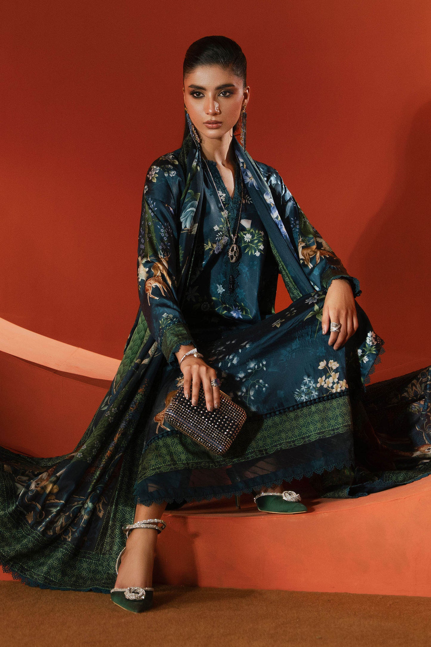 3 Piece Printed Satin Silk Suit