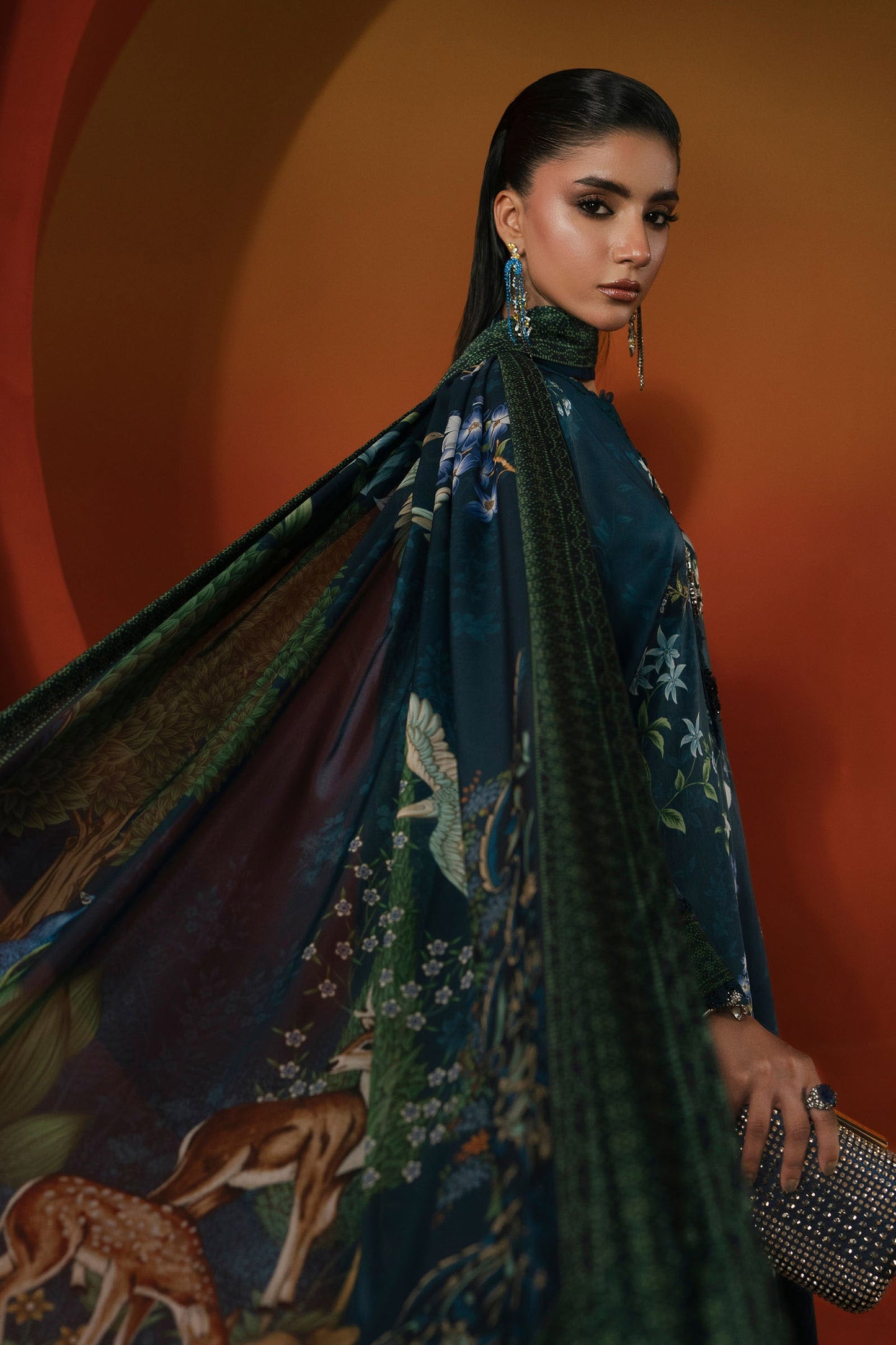 3 Piece Printed Satin Silk Suit