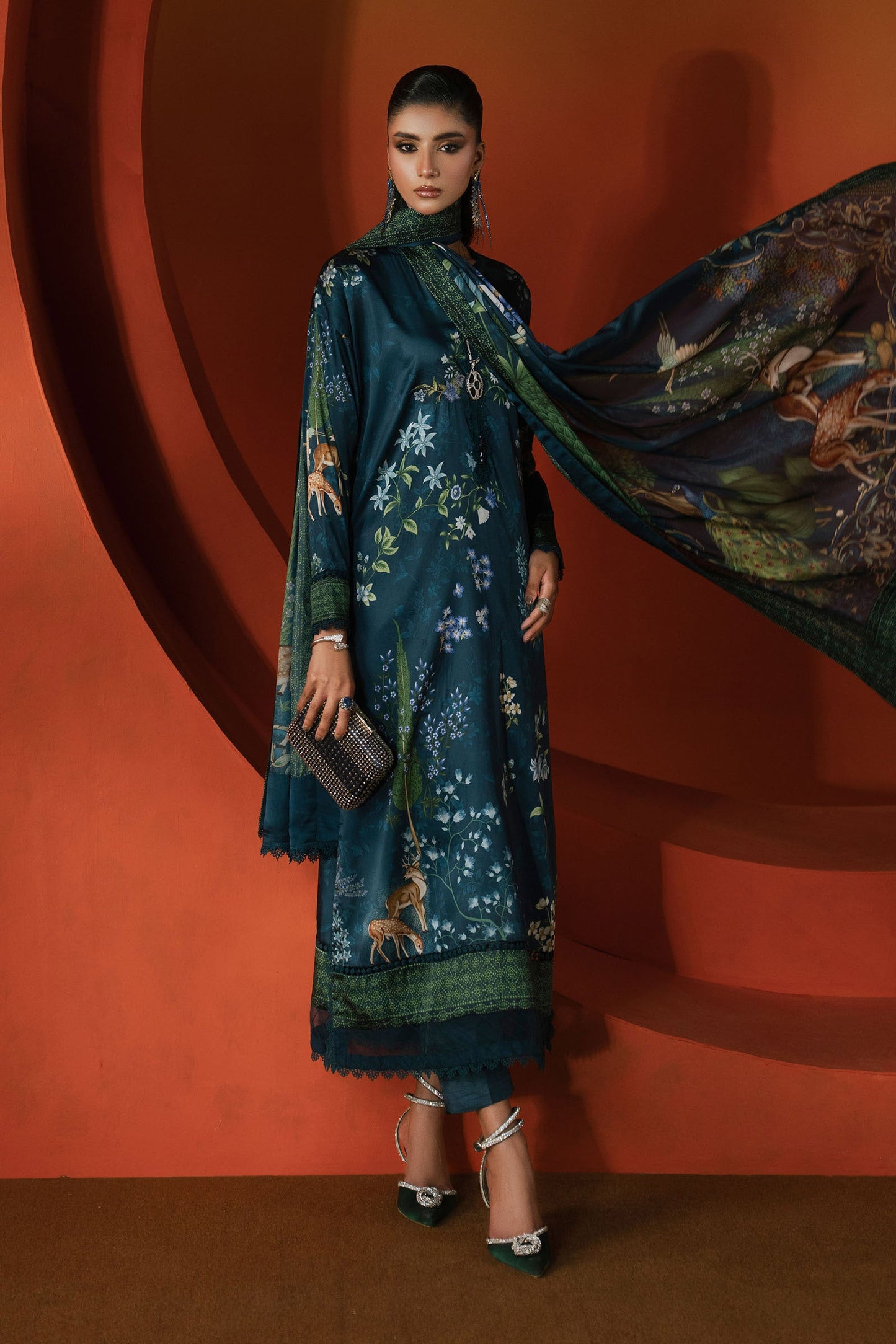3 Piece Printed Satin Silk Suit