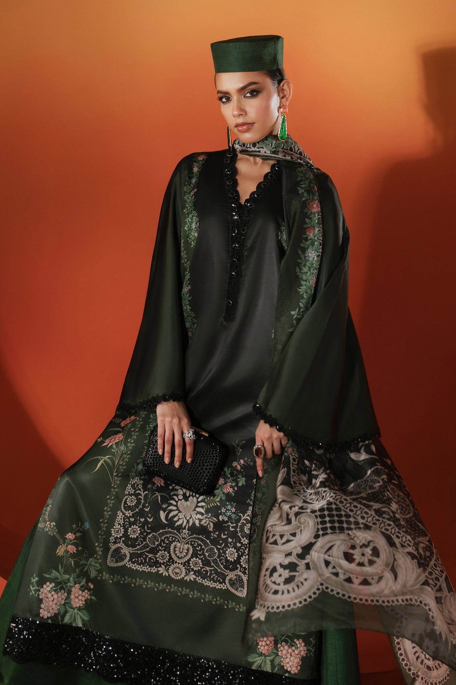 3 Piece Embroidered Satin Silk Suit