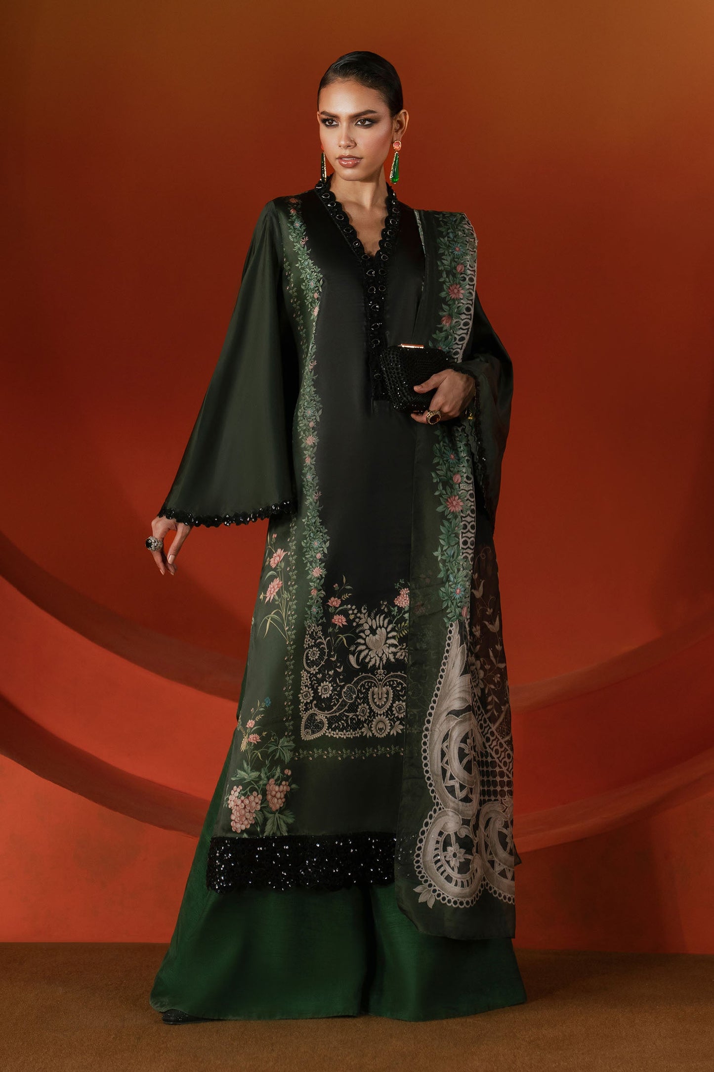 3 Piece Embroidered Satin Silk Suit