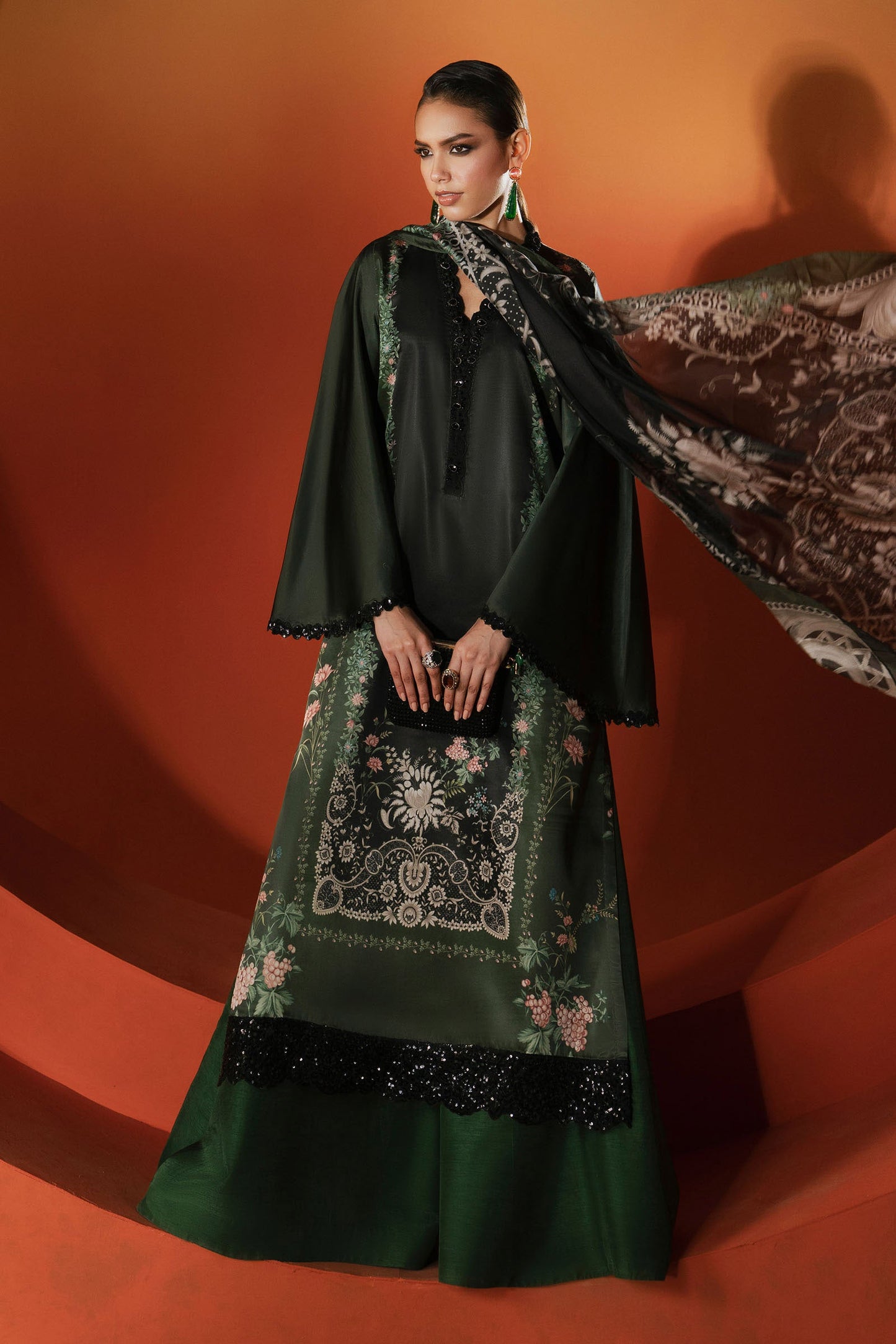 3 Piece Embroidered Satin Silk Suit