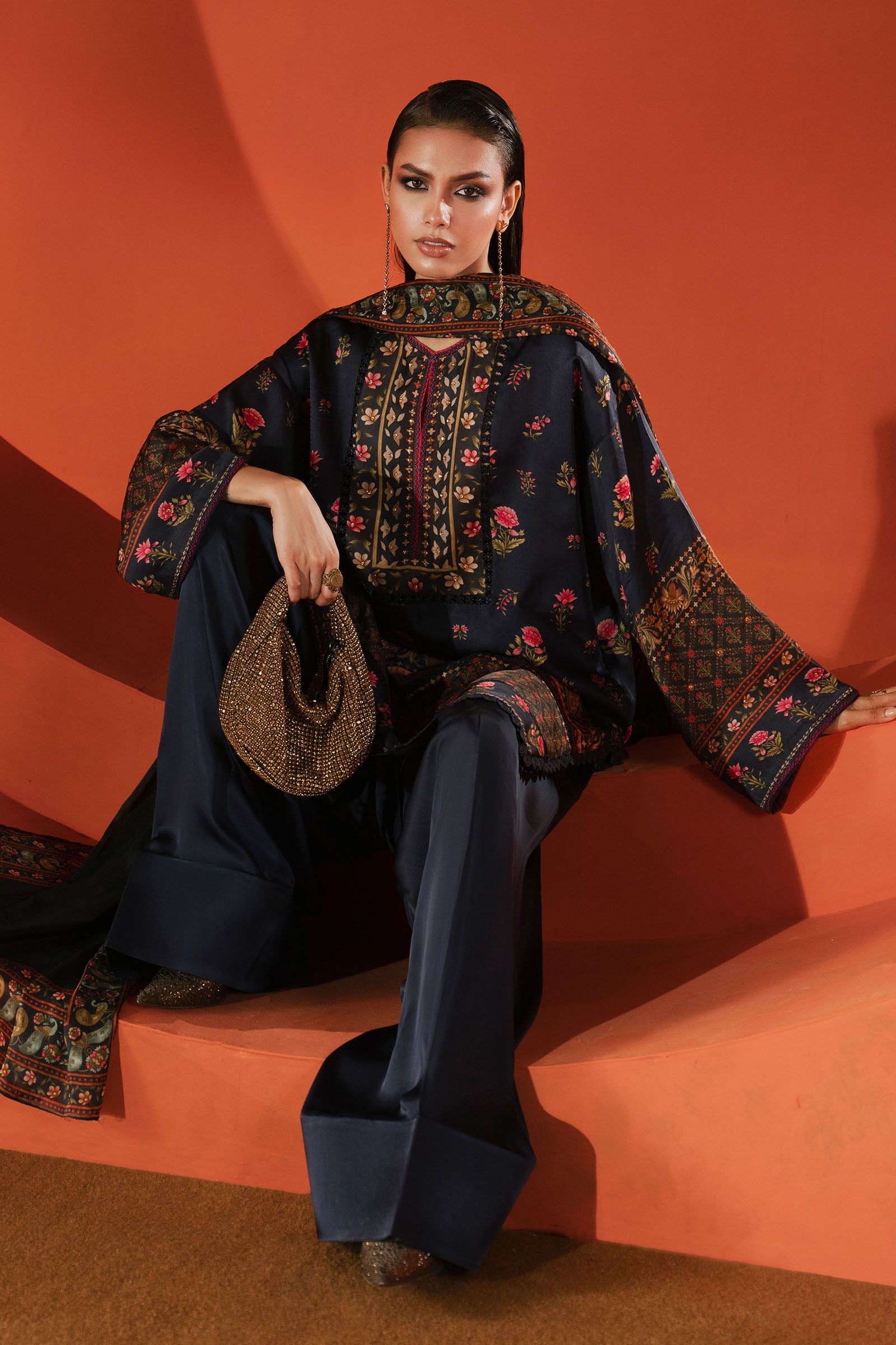 3 Piece Printed Satin Silk Suit