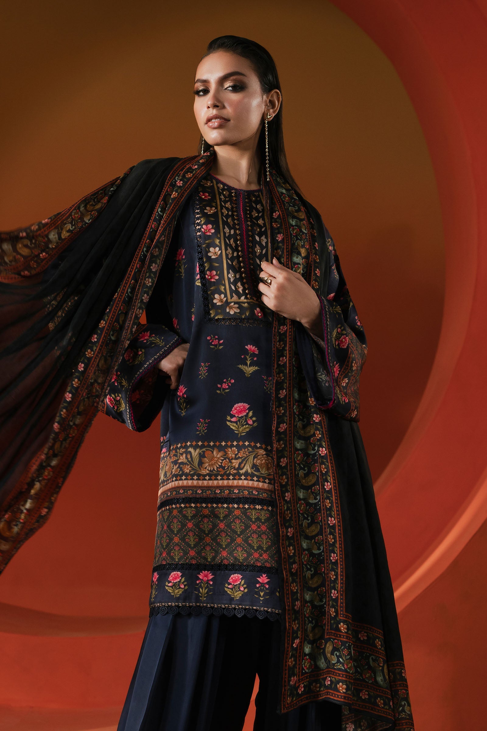 3 Piece Printed Satin Silk Suit