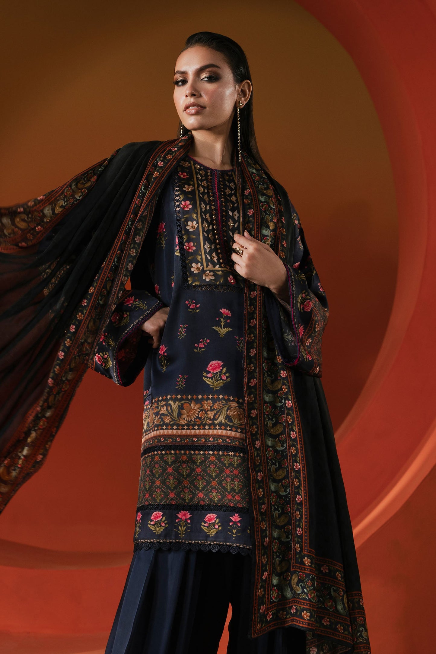 3 Piece Printed Satin Silk Suit