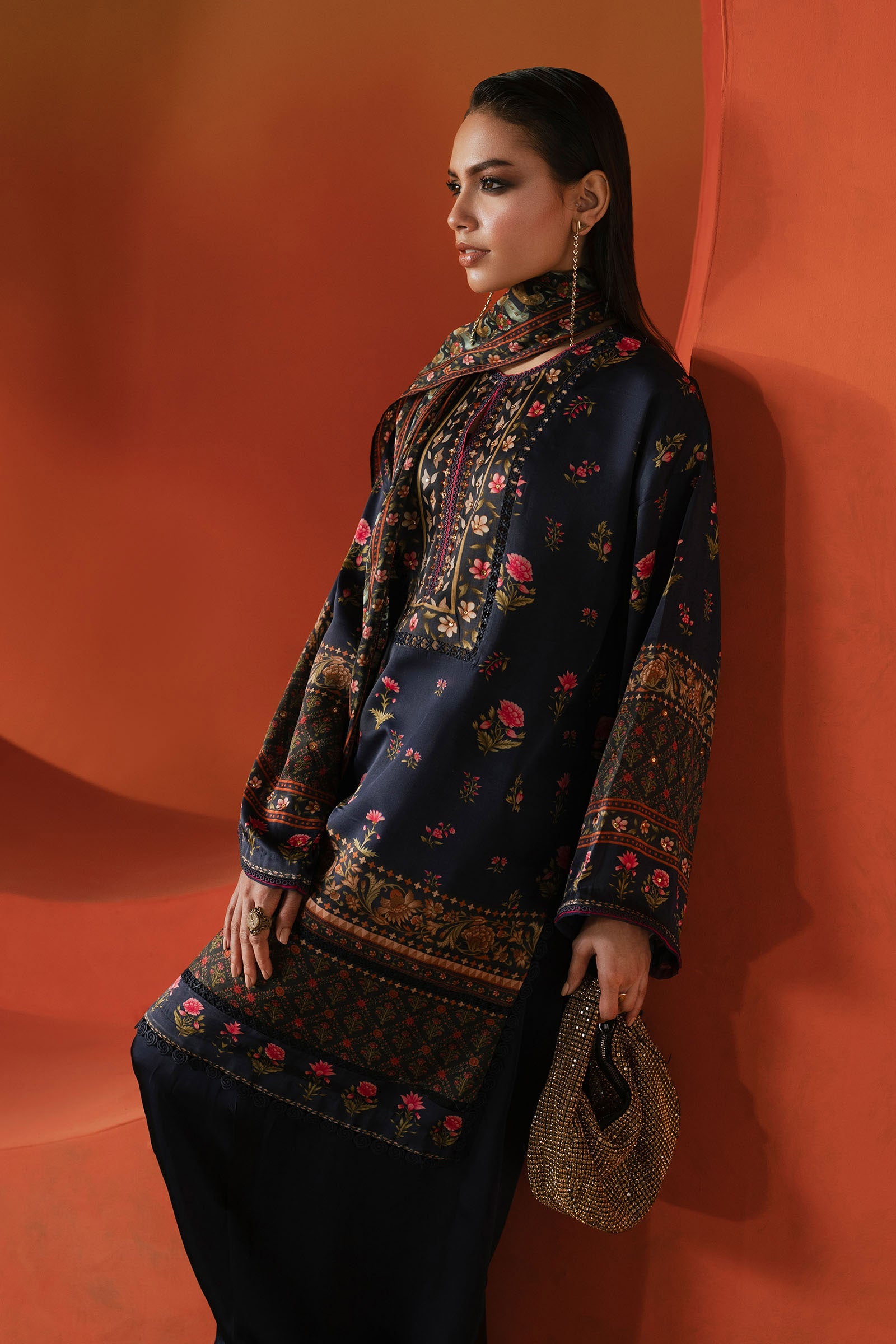 3 Piece Printed Satin Silk Suit