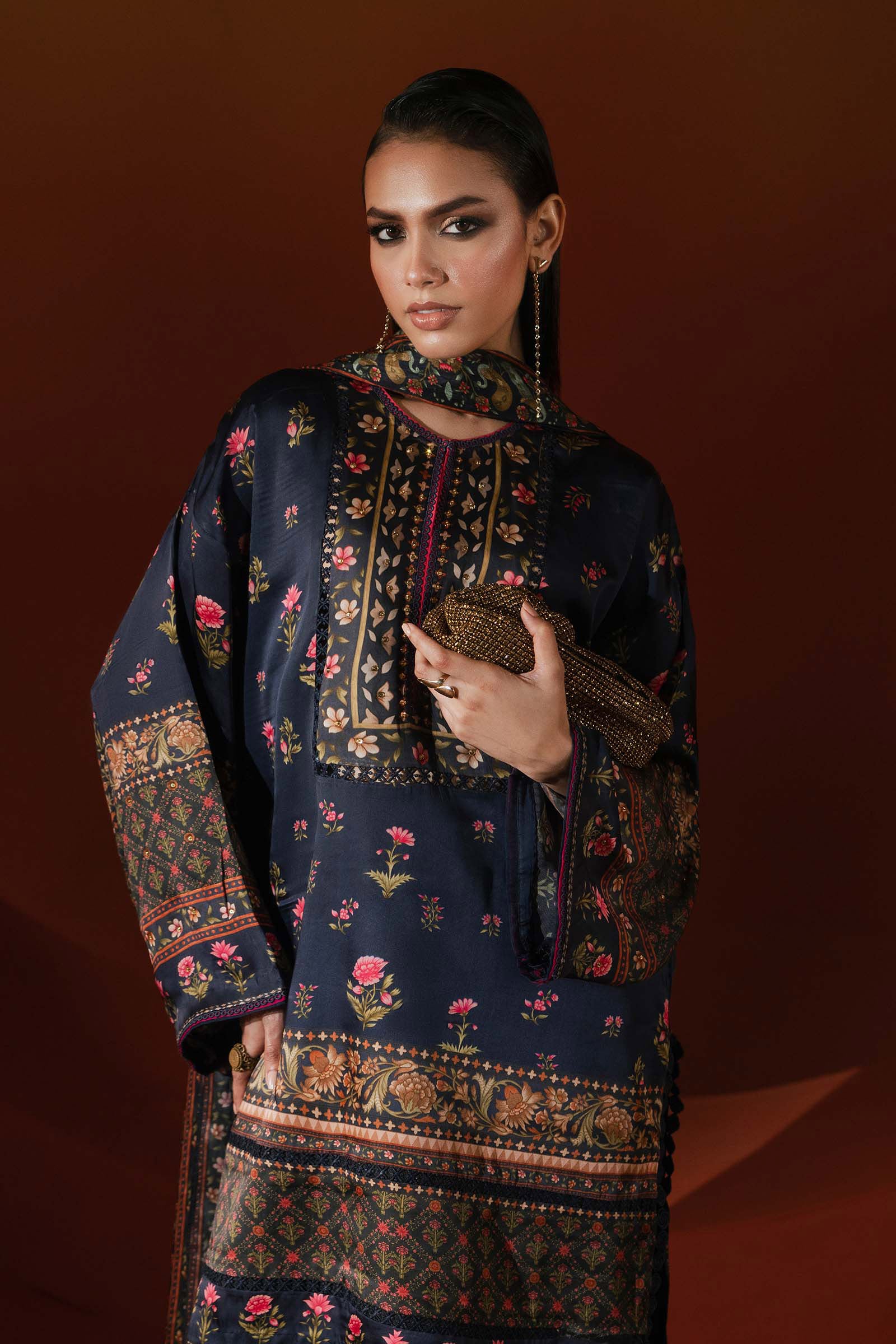 3 Piece Printed Satin Silk Suit