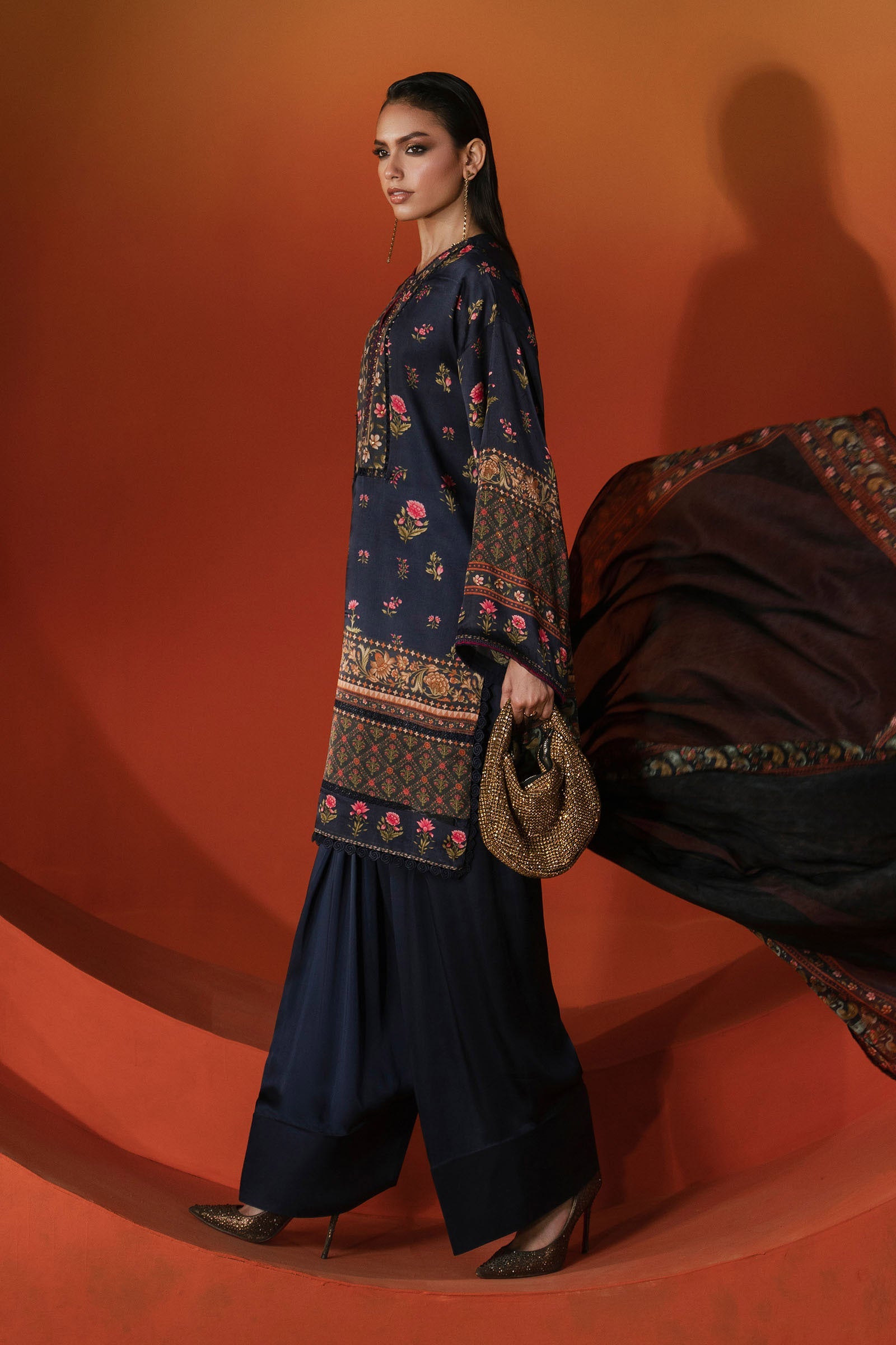 3 Piece Printed Satin Silk Suit