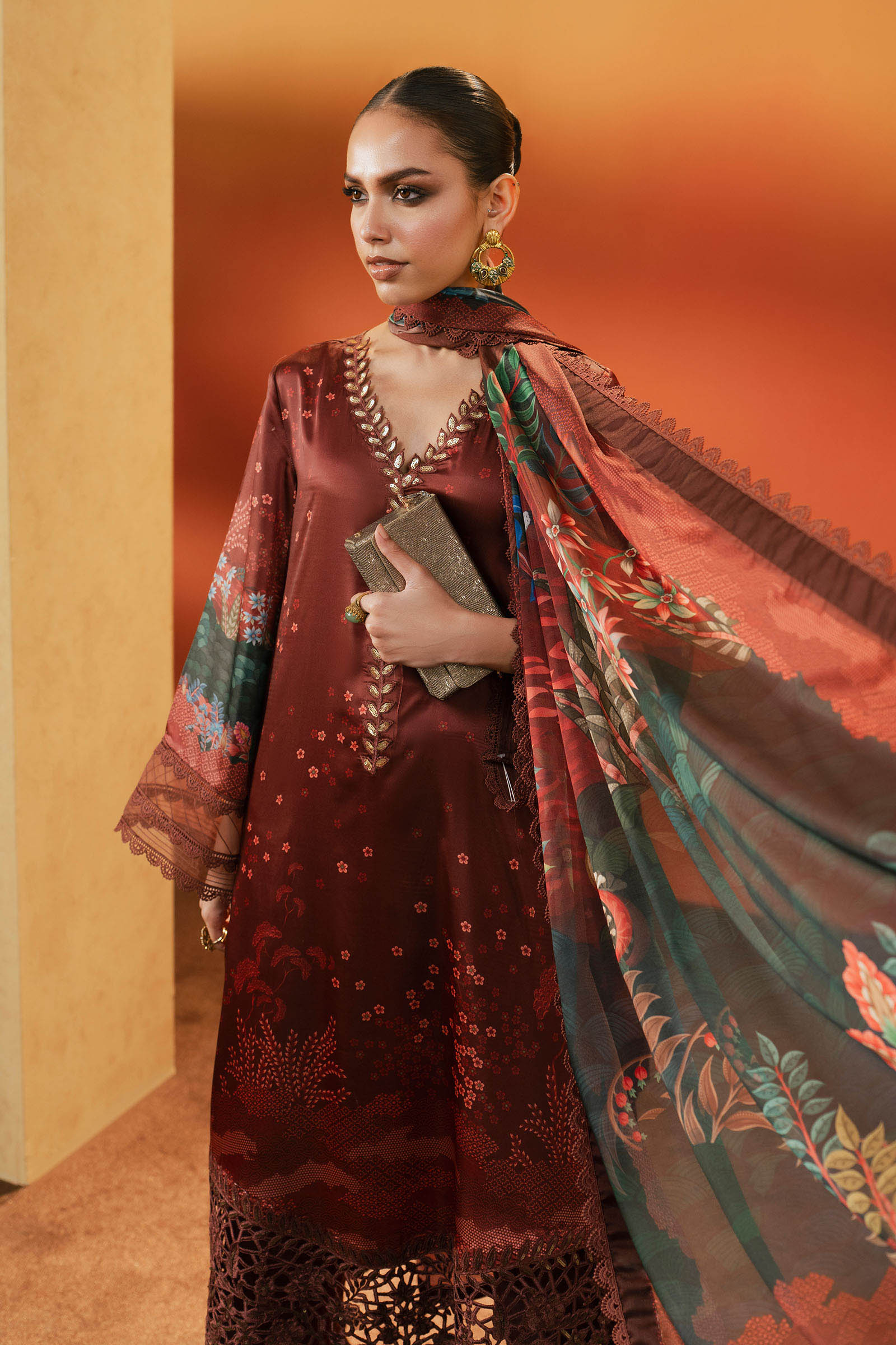 3 Piece Embroidered Satin Silk Suit