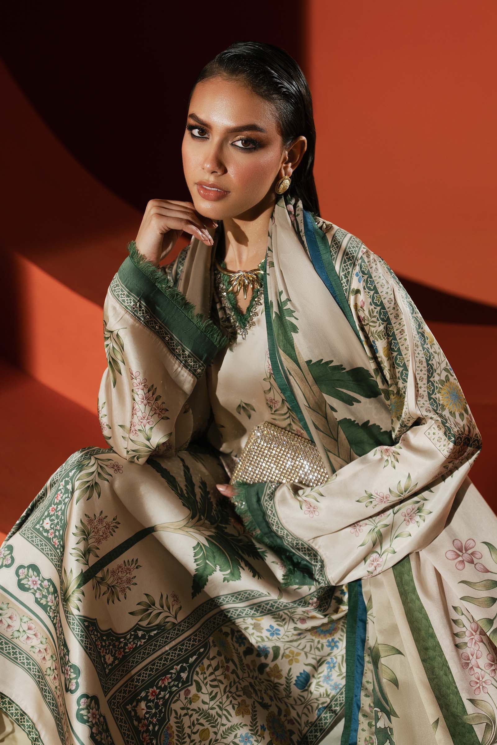 3 Piece Embellished Satin Silk Suit