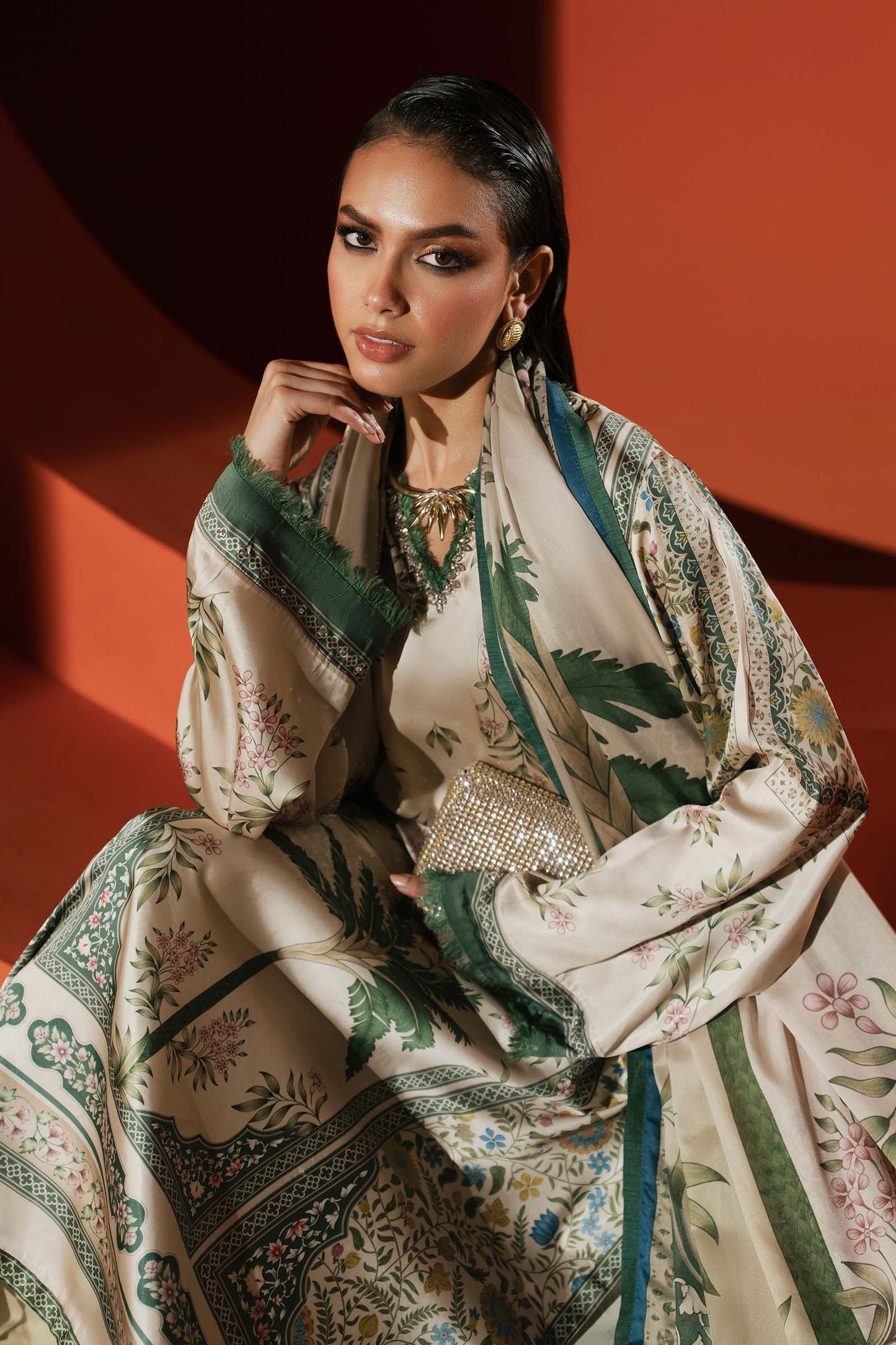 3 Piece Embellished Satin Silk Suit
