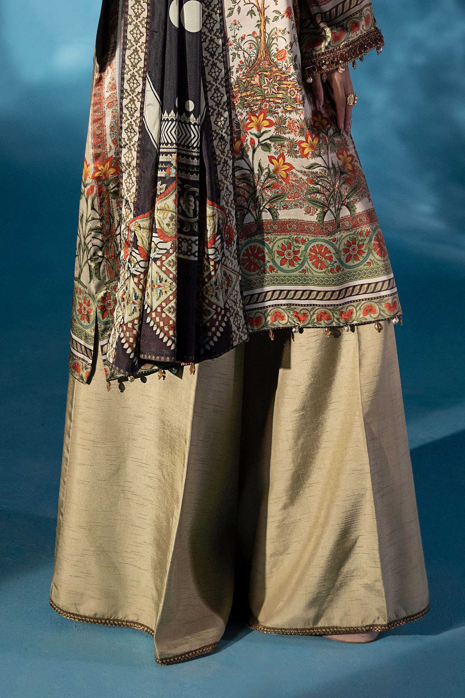 3 Piece Embroidered Satin Silk Suit