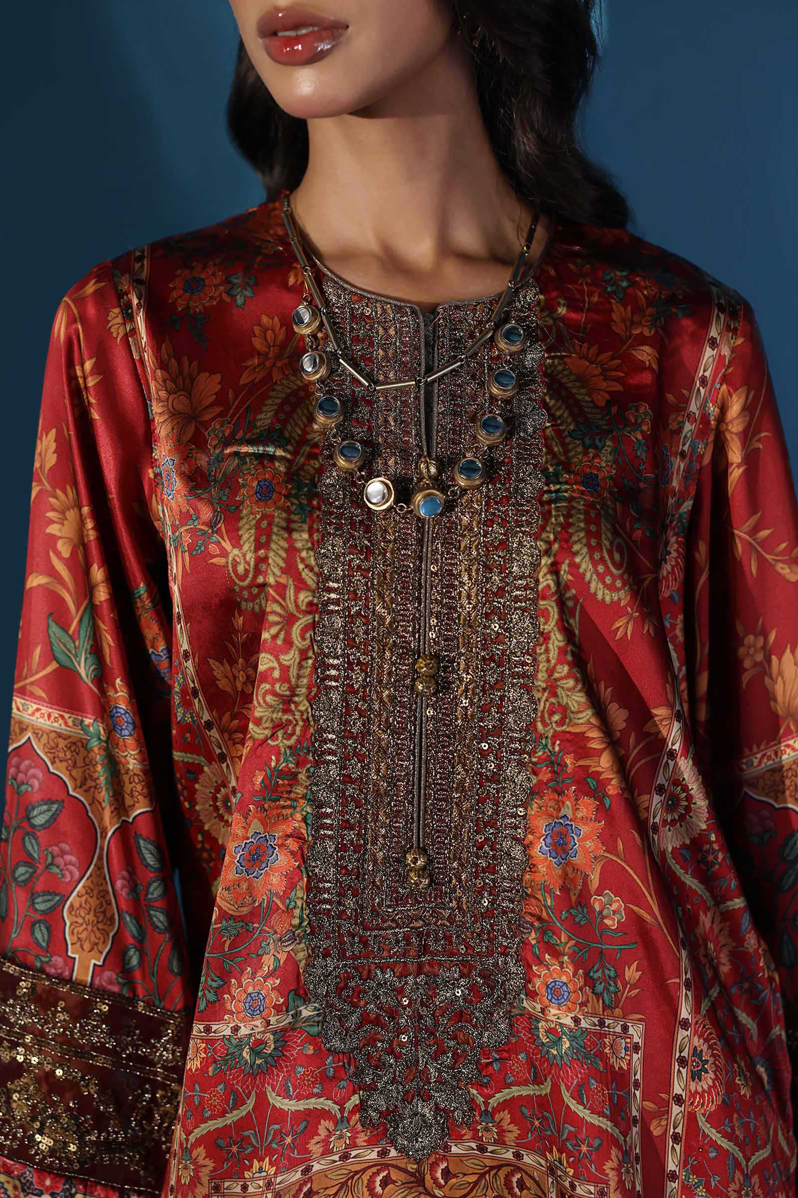 3 Piece Embroidered Satin Silk Suit