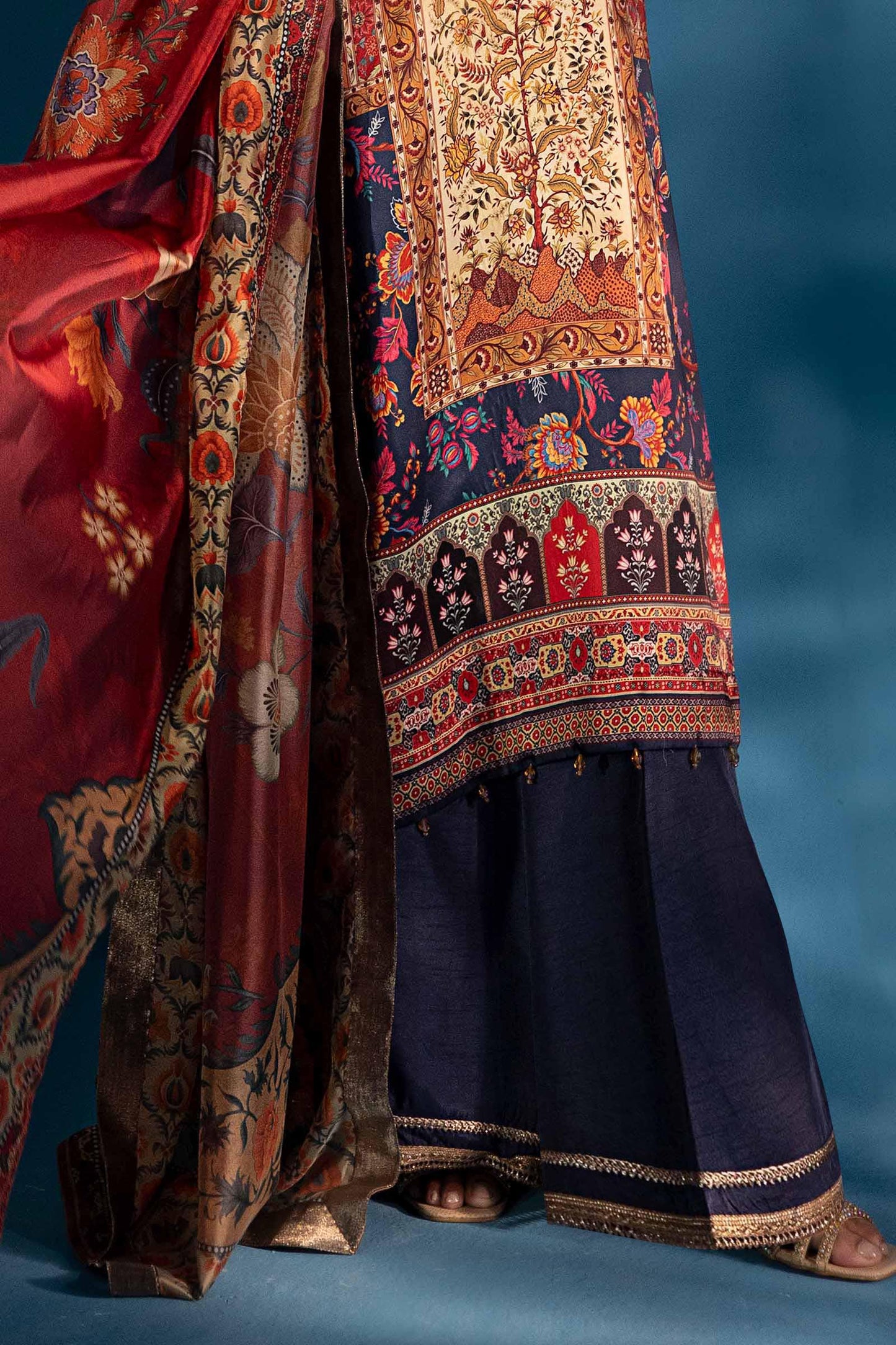 3 Piece Embroidered Satin Silk Suit