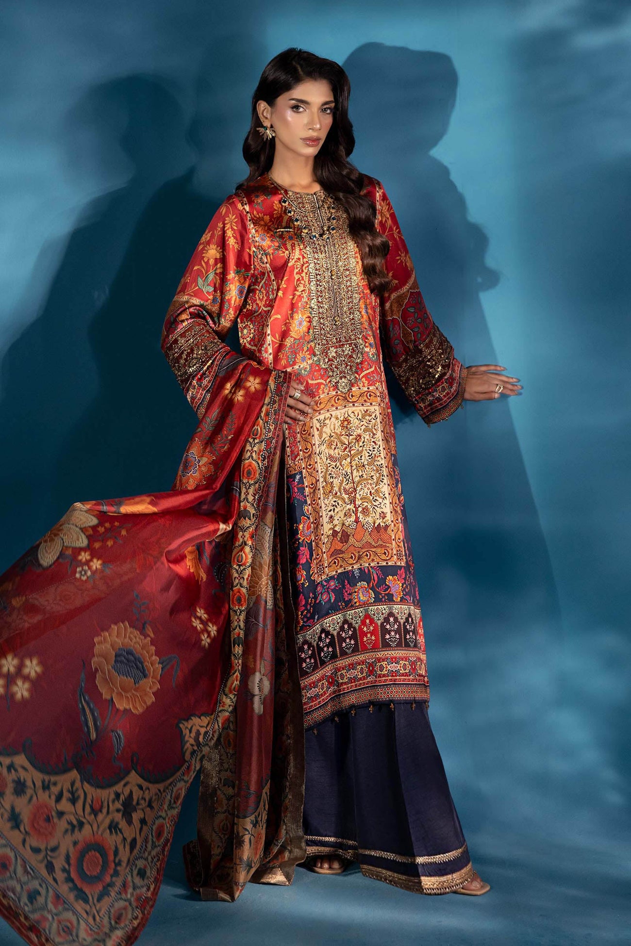 3 Piece Embroidered Satin Silk Suit