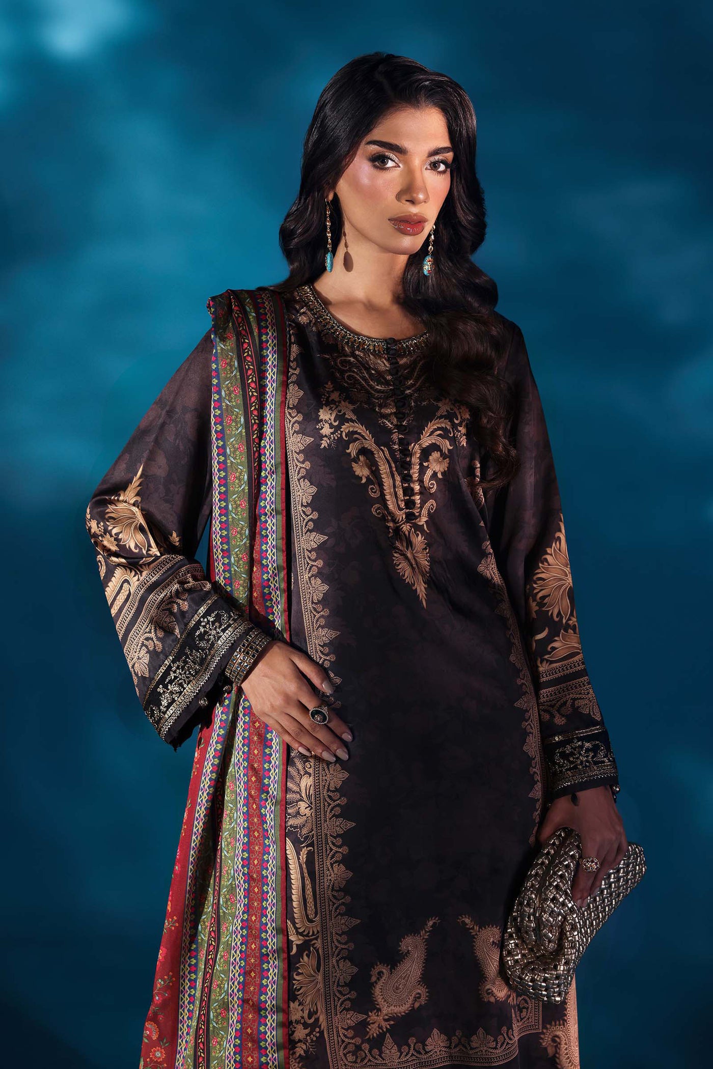 3 Piece Embroidered Satin Silk Suit