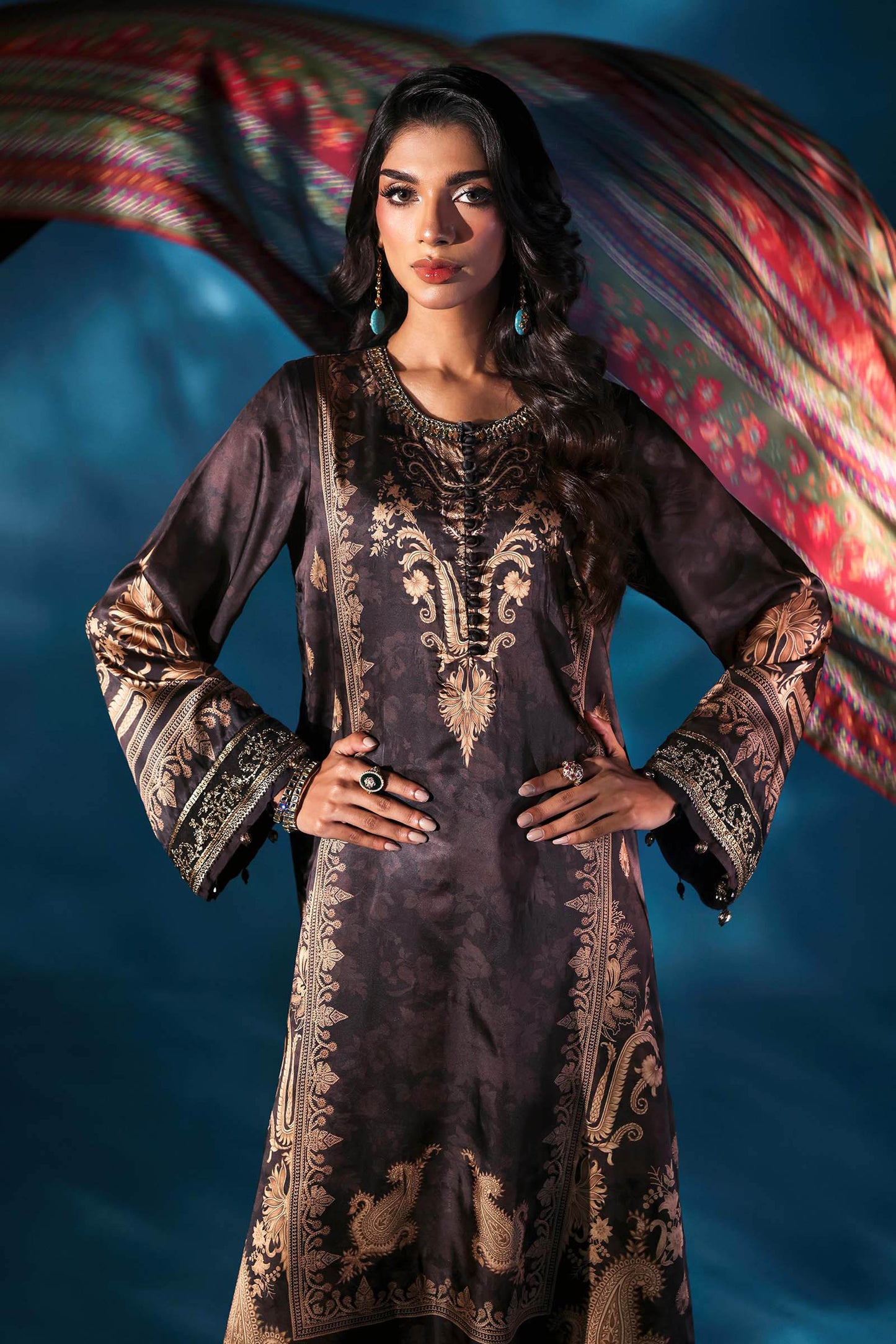3 Piece Embroidered Satin Silk Suit