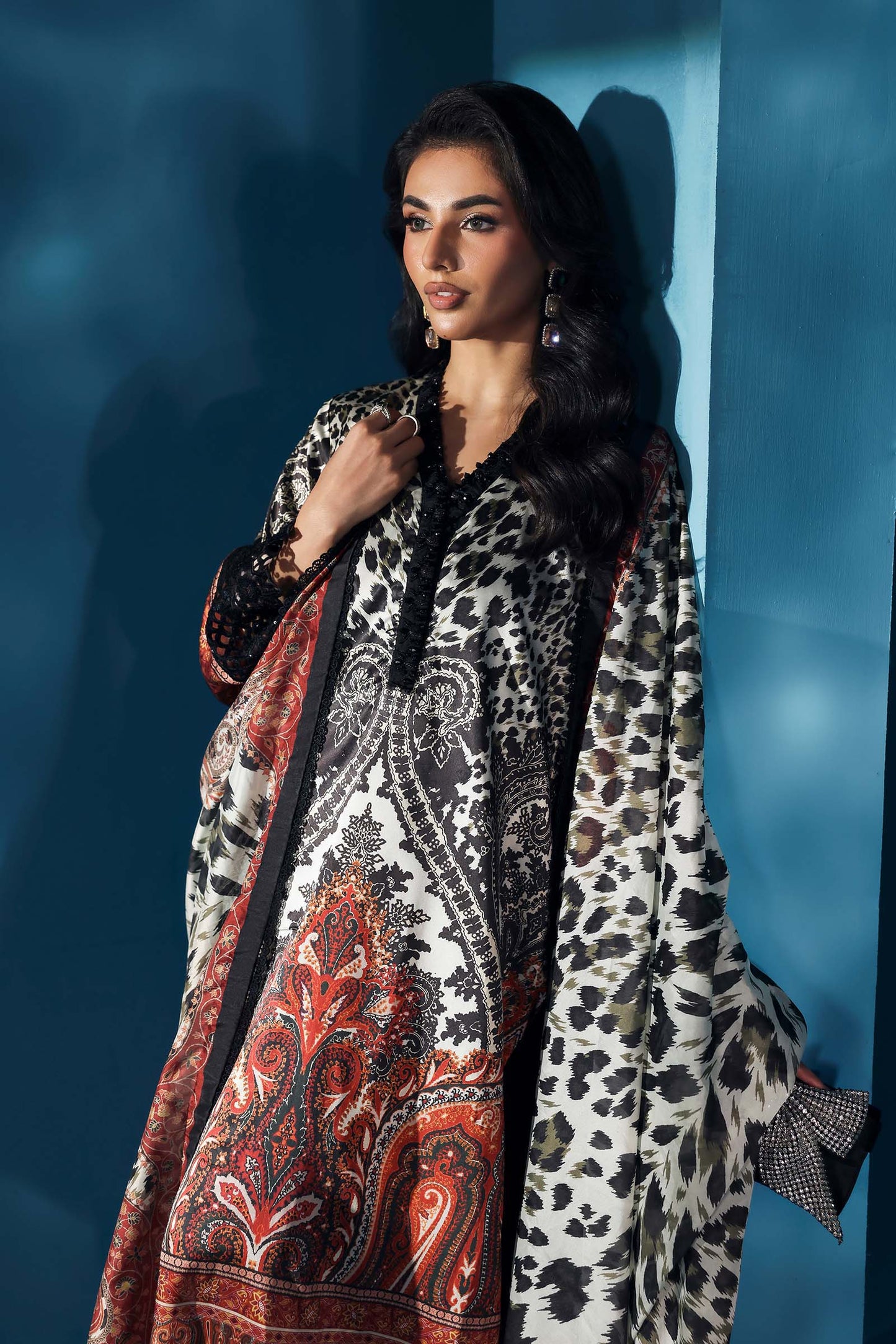 3 Piece Embroidered Satin Silk Suit