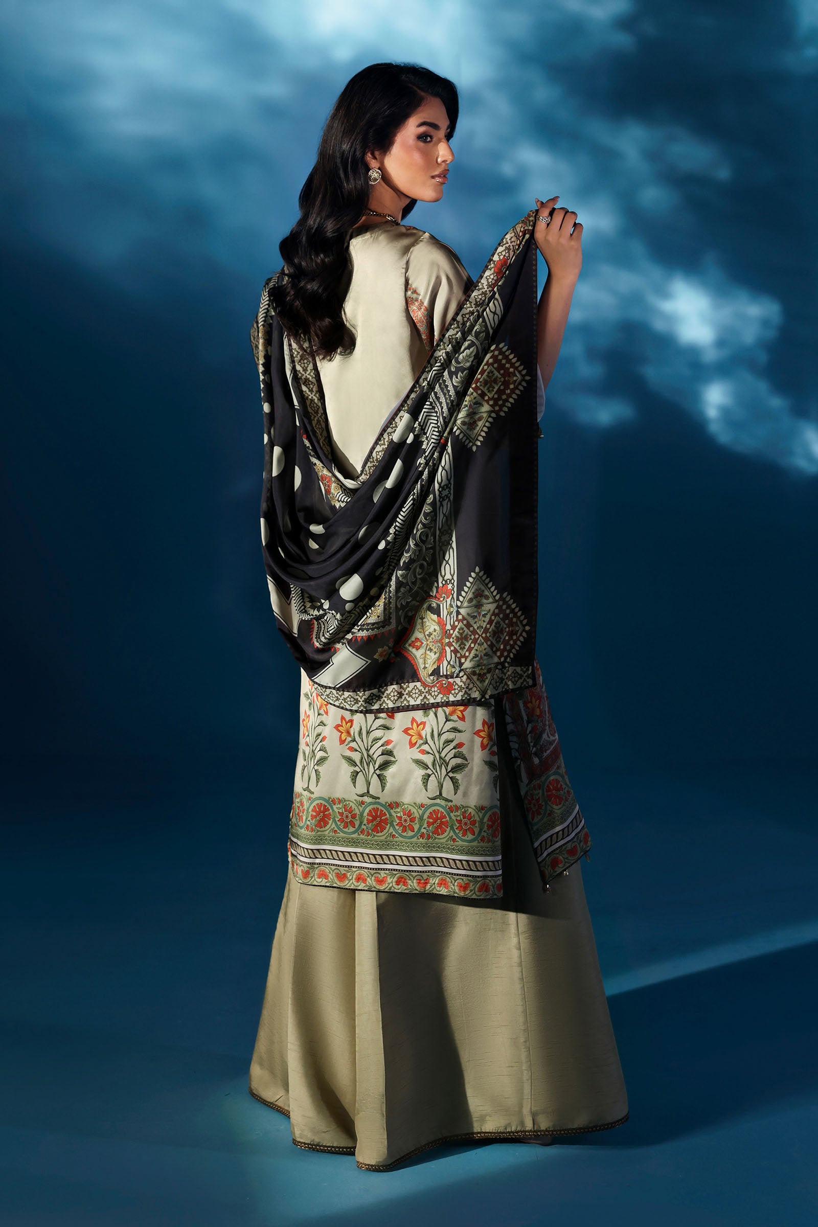 3 Piece Embroidered Satin Silk Suit