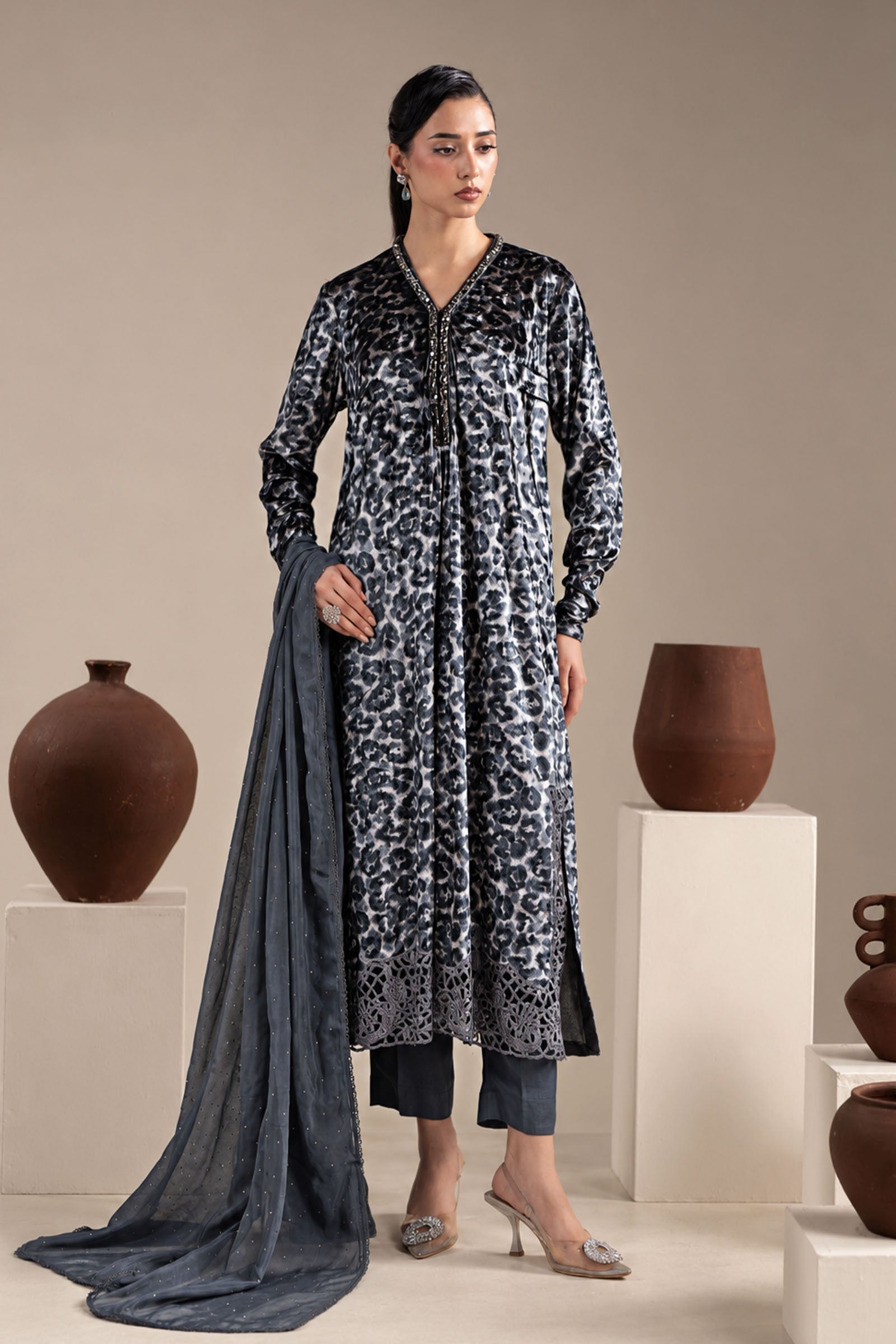 3 Piece Embroidered Velvet Suit