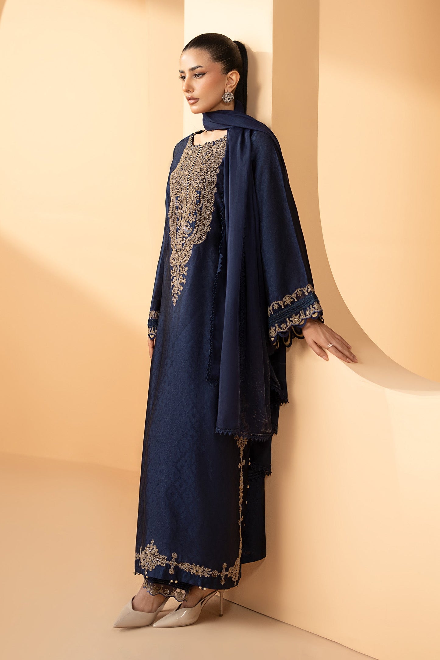 3 Piece Embroidered Self Tassel Silk Suit