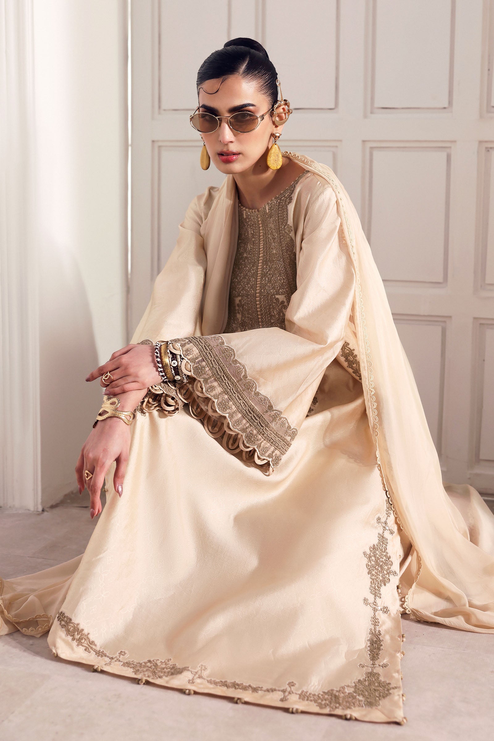 3 Piece Embroidered Self Tassel Silk Suit