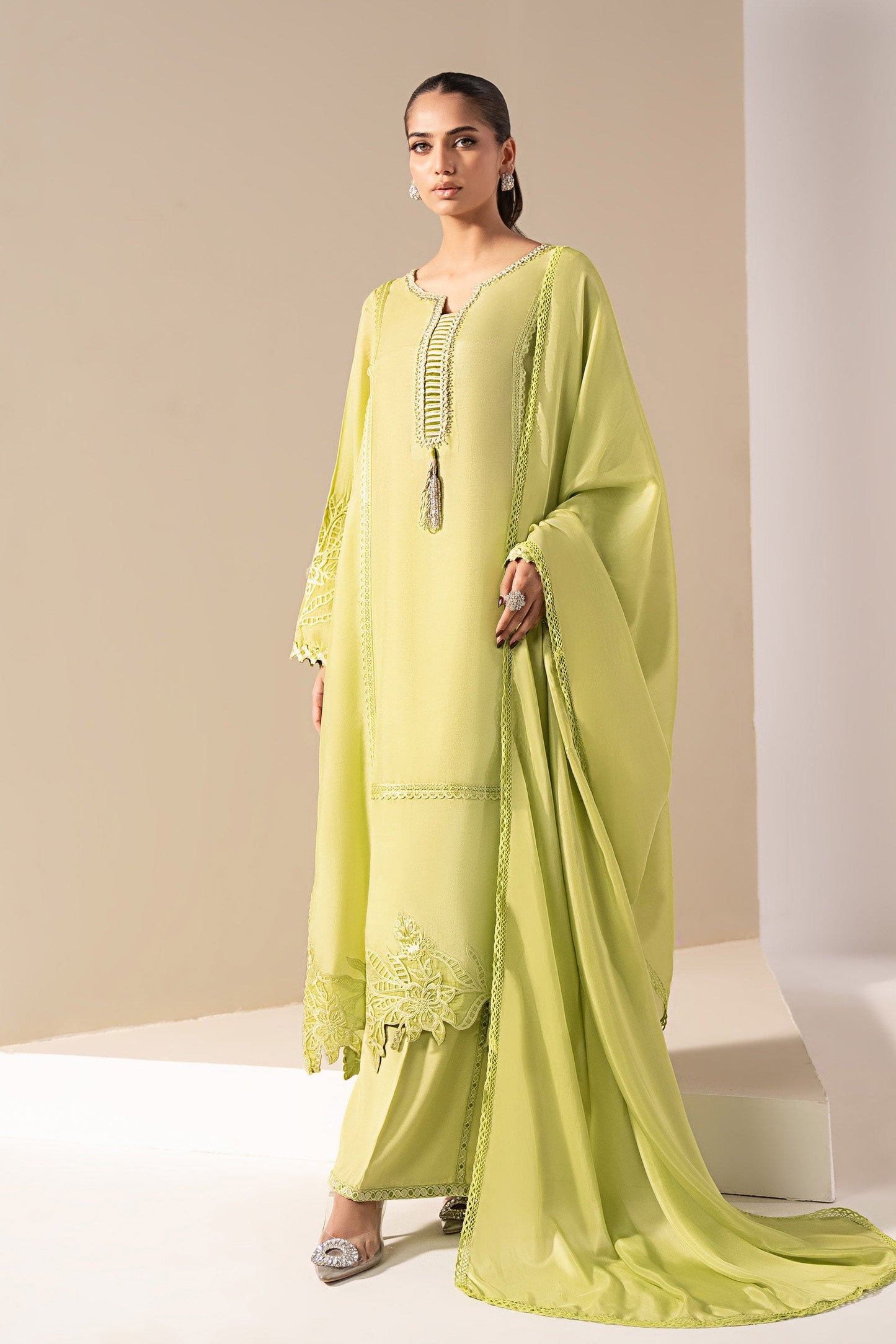 3 Piece Embroidered Tassel Silk Suit