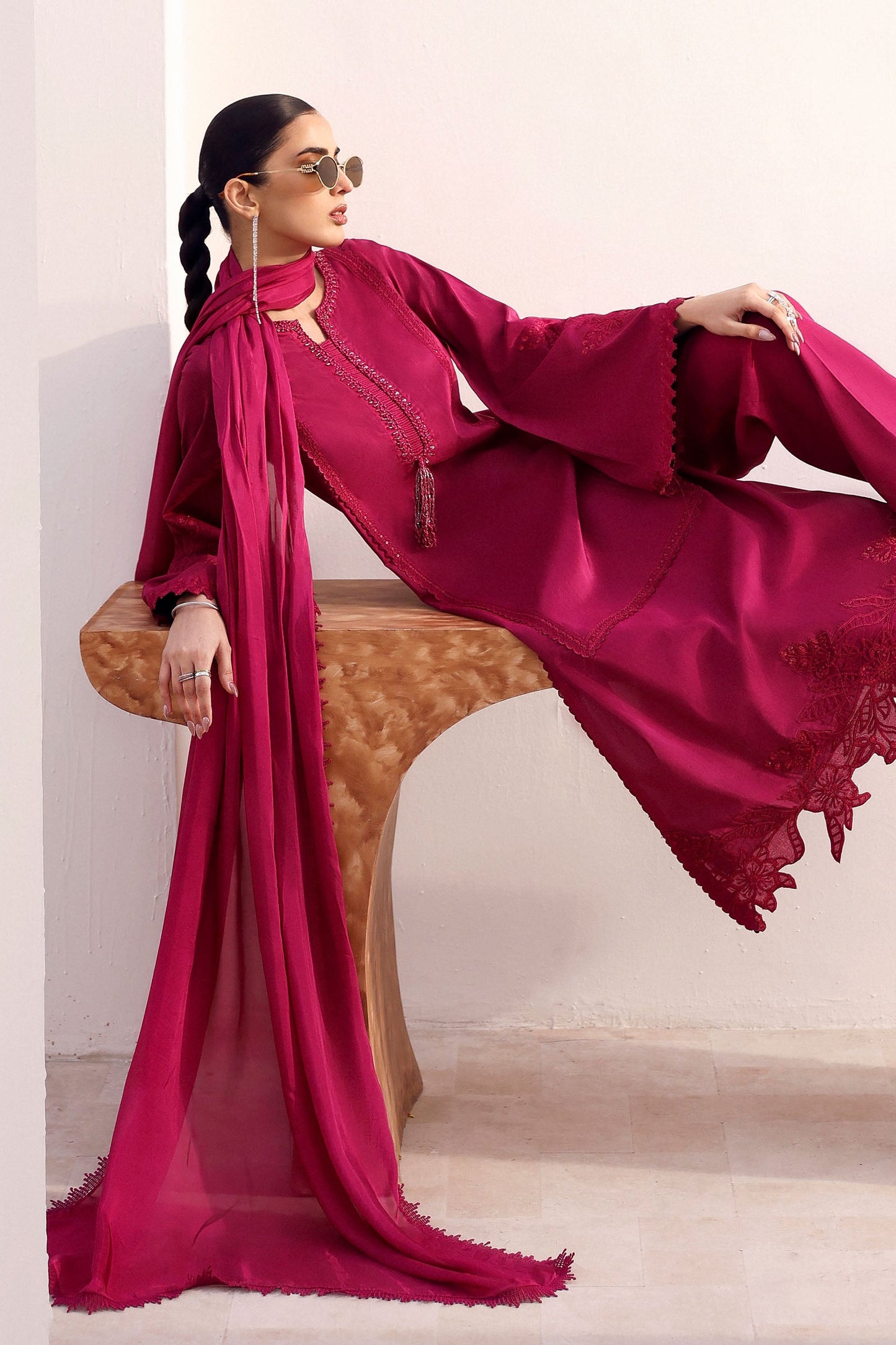 3 Piece Embroidered Tassel Silk Suit