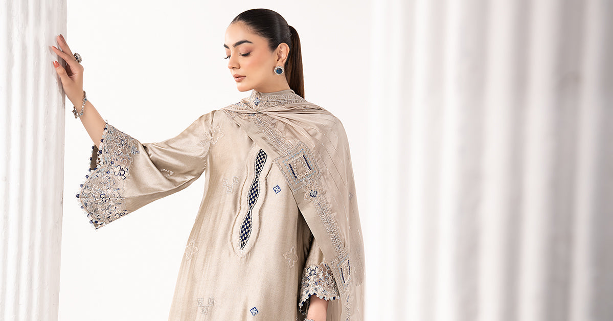 3 Piece Embroidered Self Tassel Silk Suit