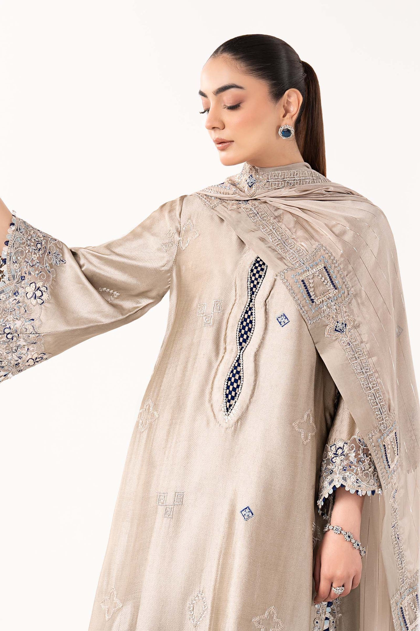3 Piece Embroidered Self Tassel Silk Suit