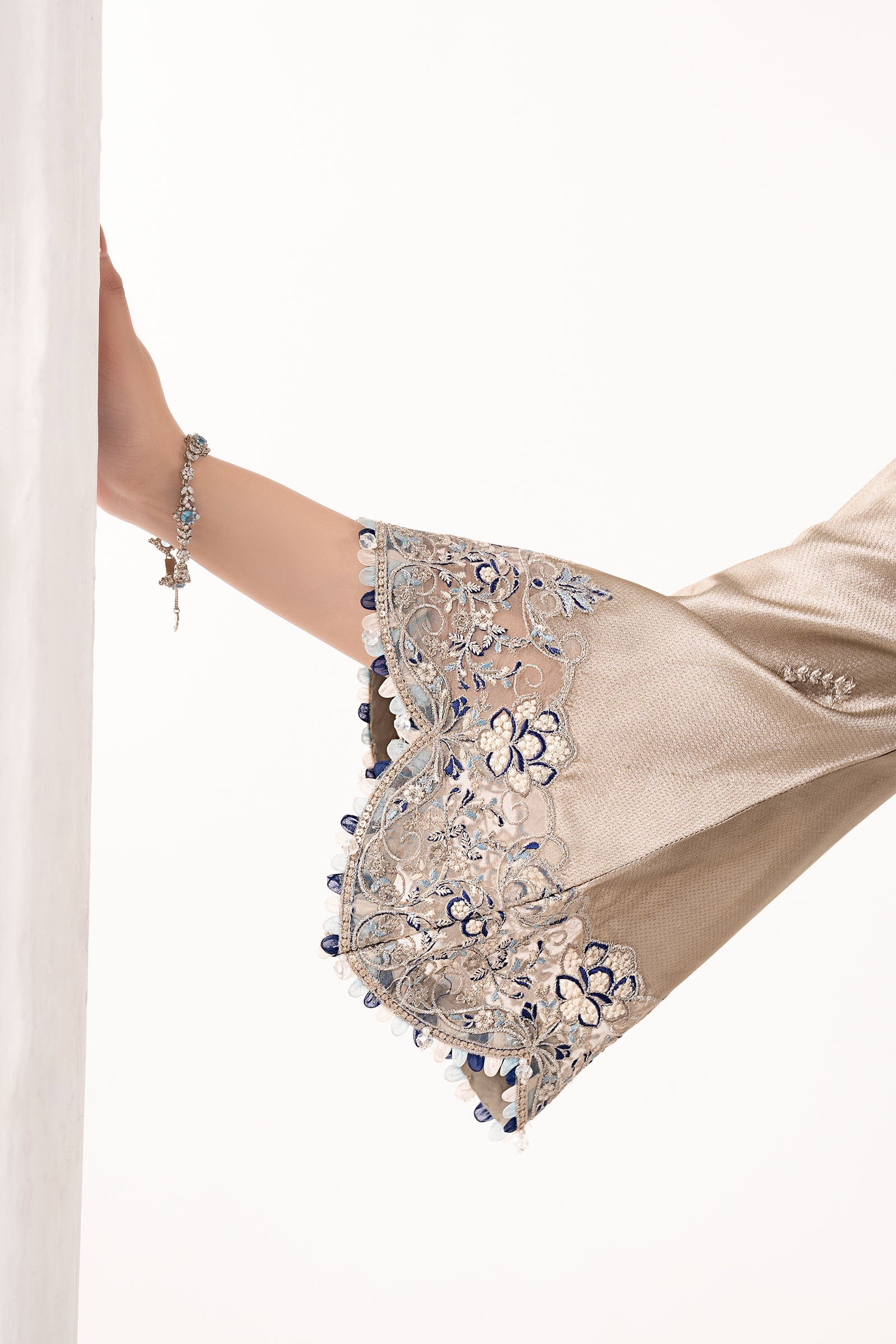 3 Piece Embroidered Self Tassel Silk Suit