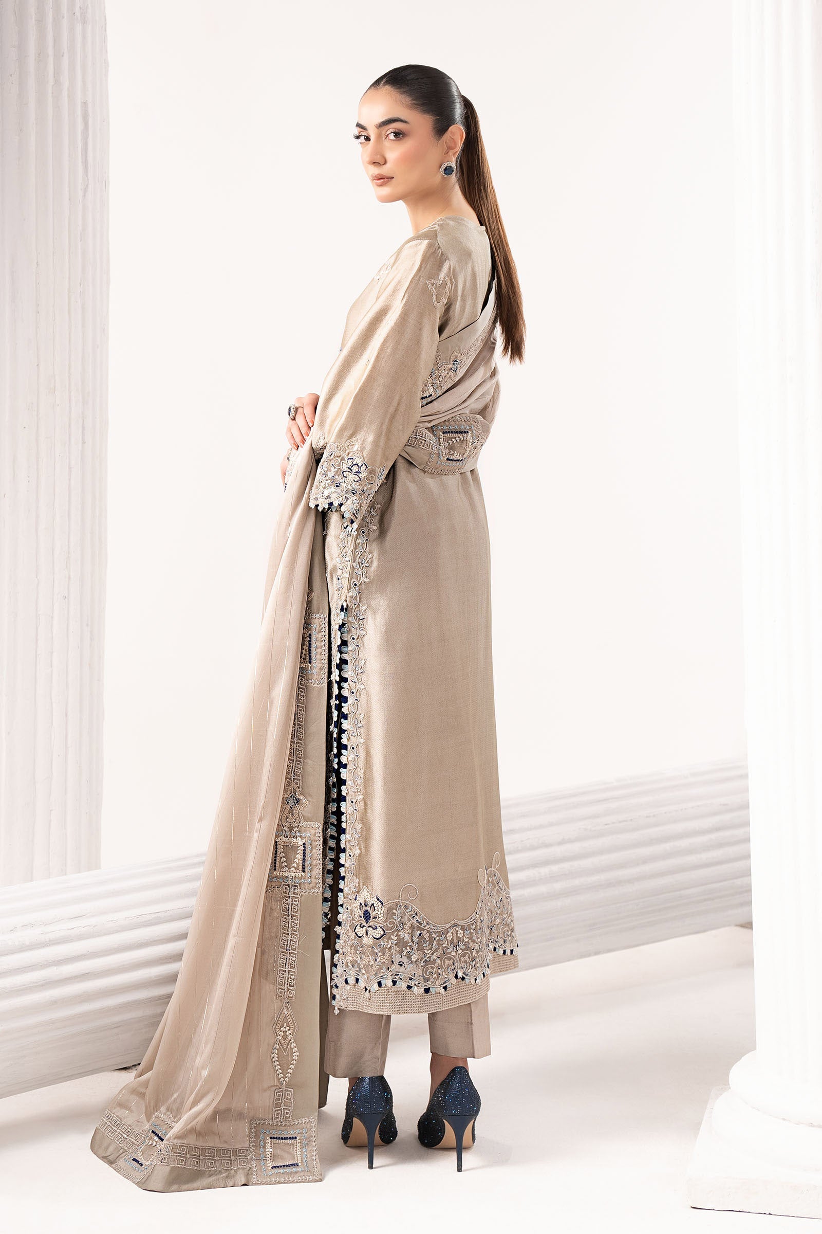 3 Piece Embroidered Self Tassel Silk Suit