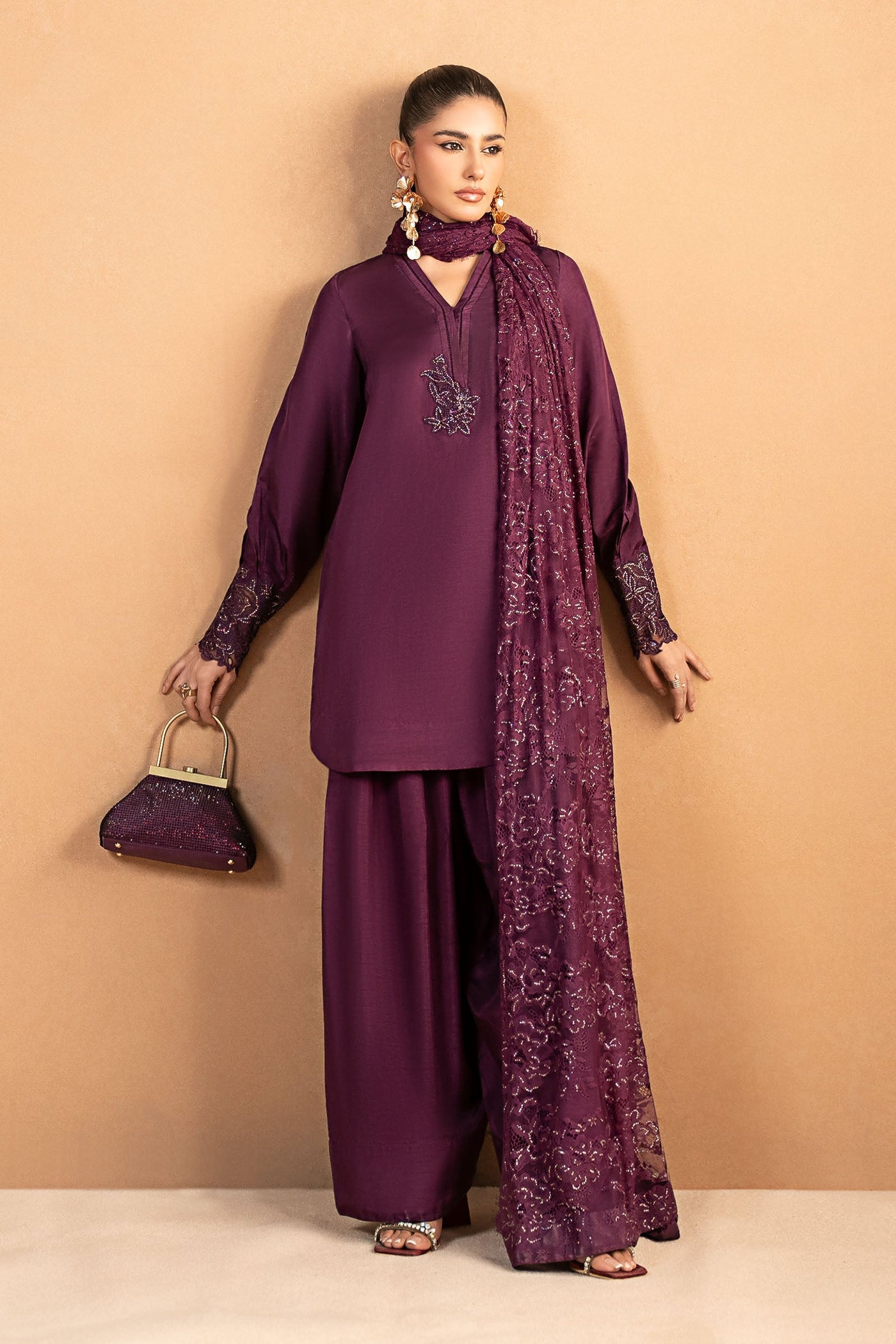 3 Piece Embroidered Tissue Silk Suit