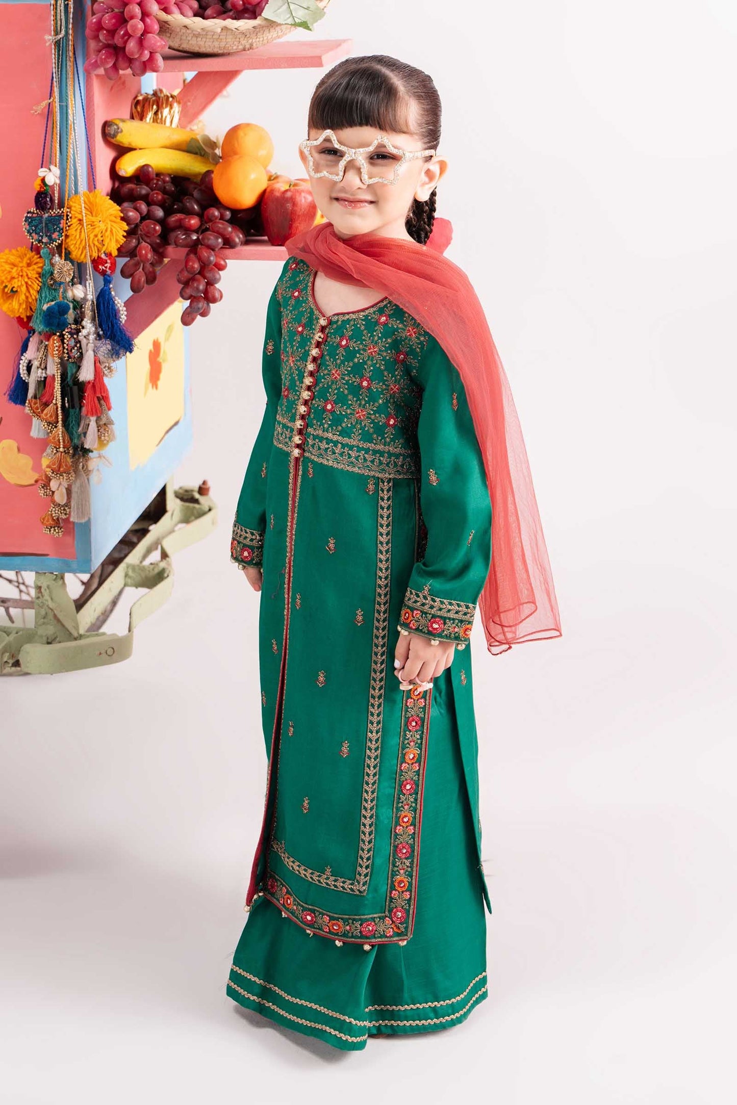 3 Piece Embroidered Raw Silk Suit