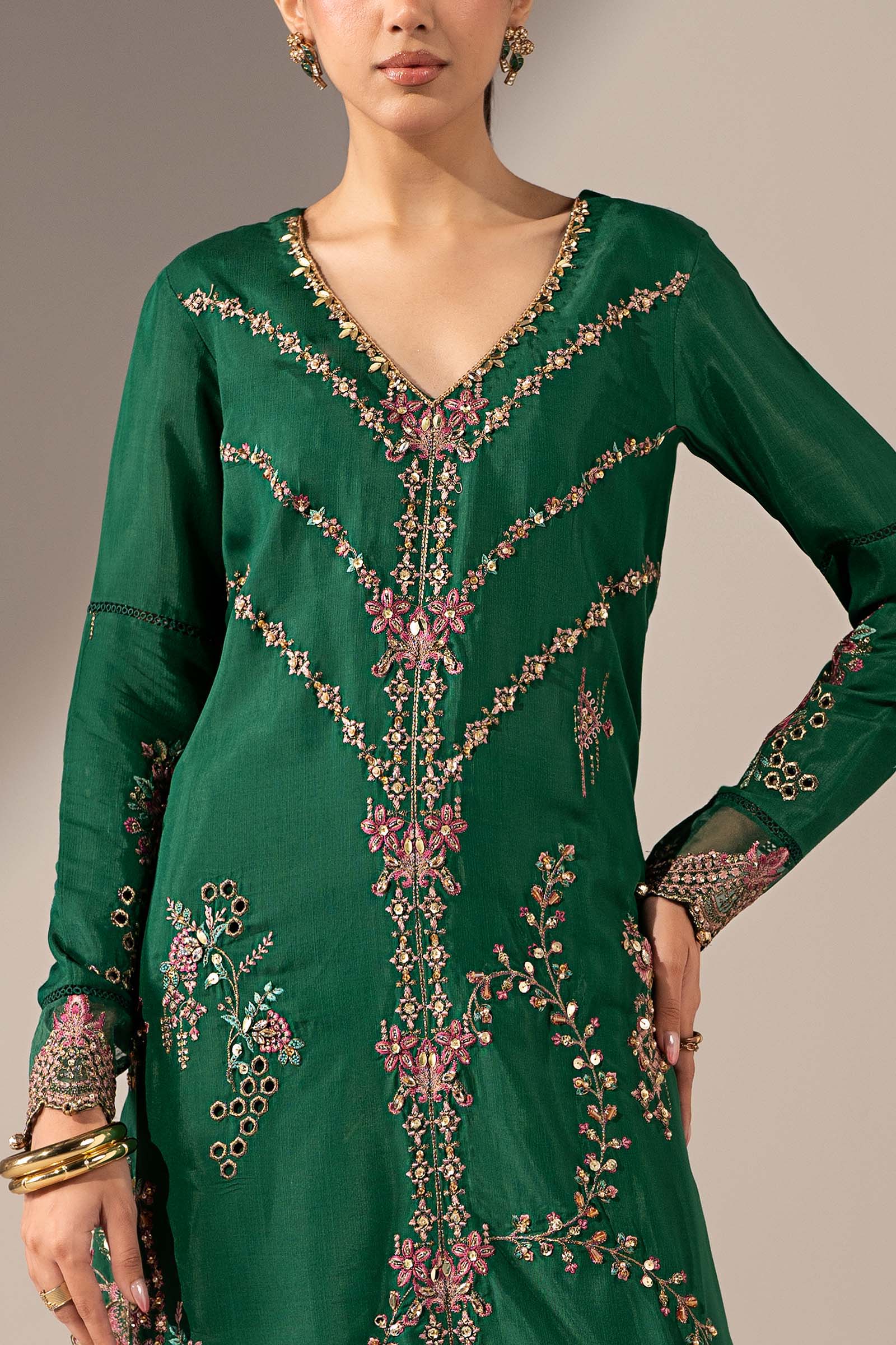 2 Piece Embroidered Tissue Silk Suit
