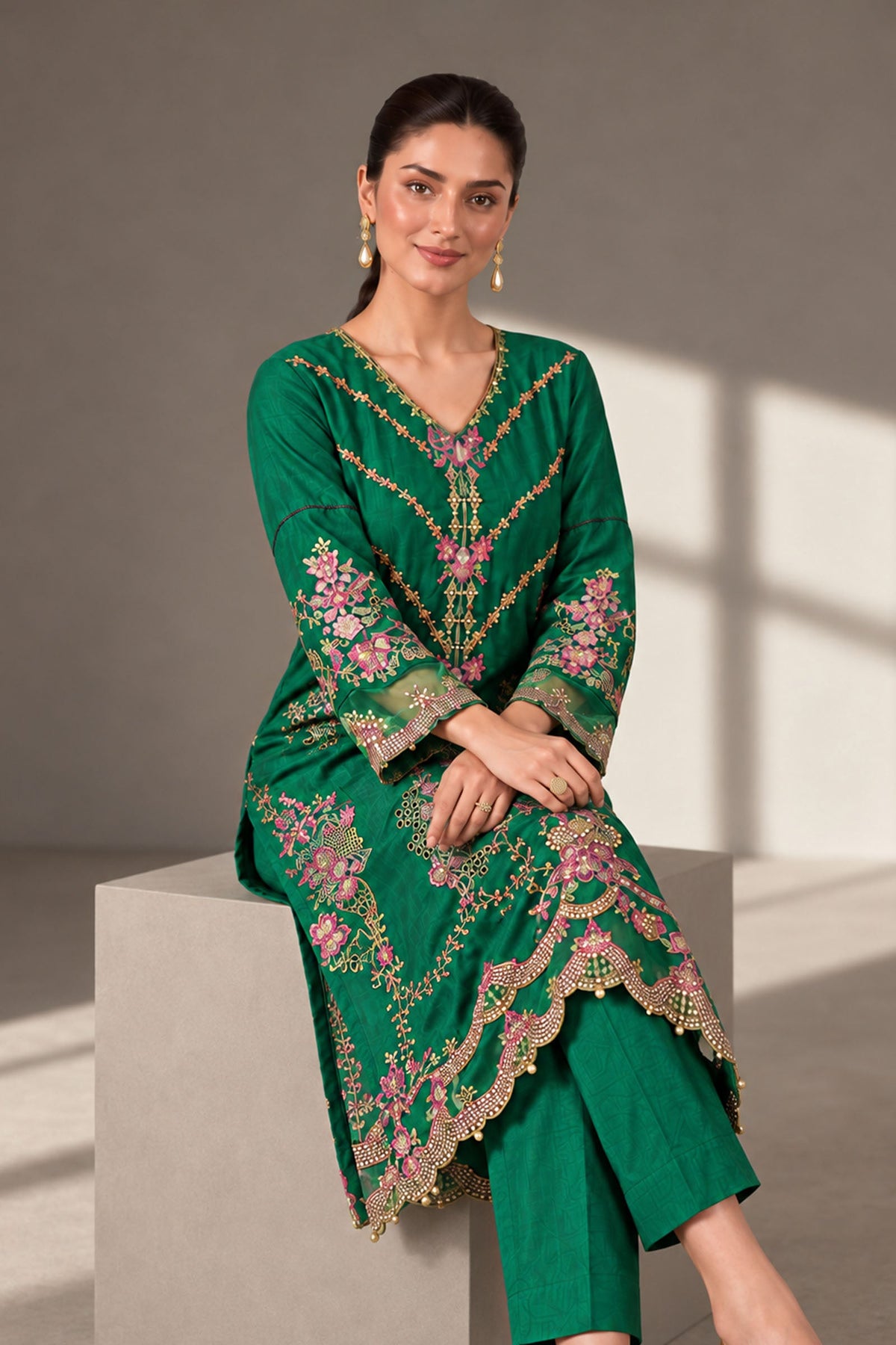 2 Piece Embroidered Tissue Silk Suit